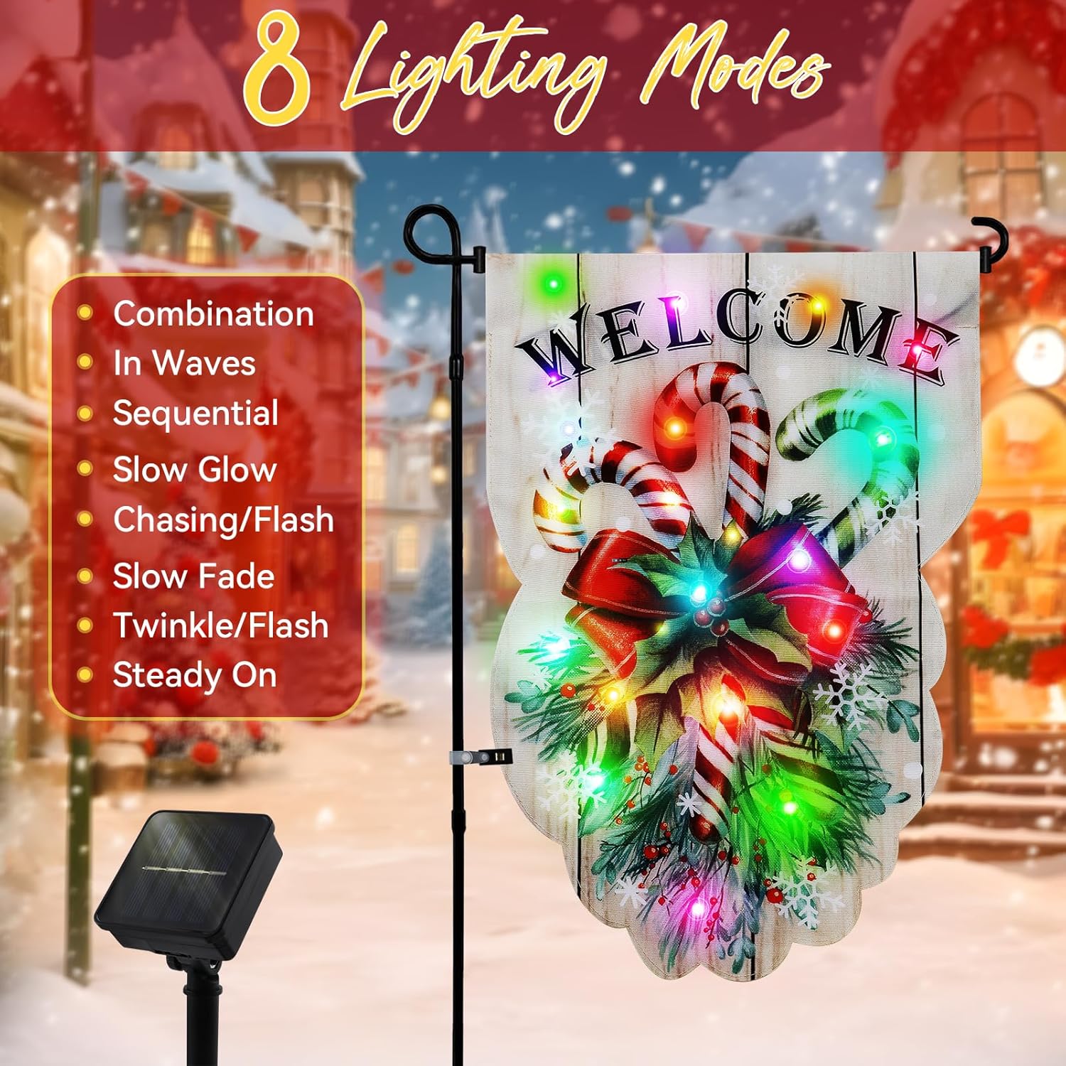 Lighted Christmas Garden Flag - 18x13-inch Waterproof Outdoor Christmas Decoration with 24 Glow-in-The-Dark LED in 8 Patterns, Perfect for Yard, Porch, and Lawn Decorations