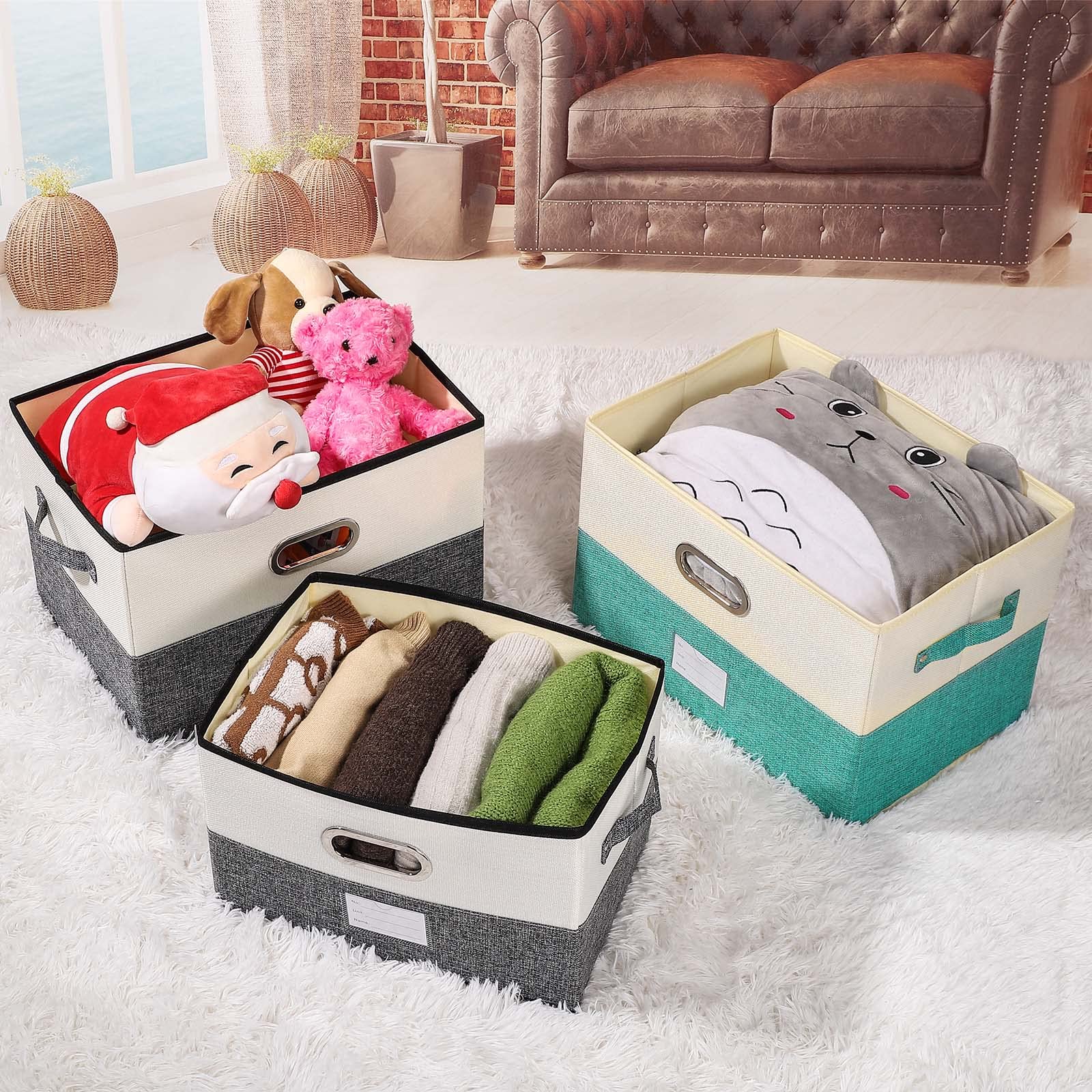 Contenedores grandes de tela de lino plegables con tapa y asas extraíbles, caja de almacenamiento lavable, cesta organizadora con cubierta para dormitorio, armario, oficina (blanco y negro,