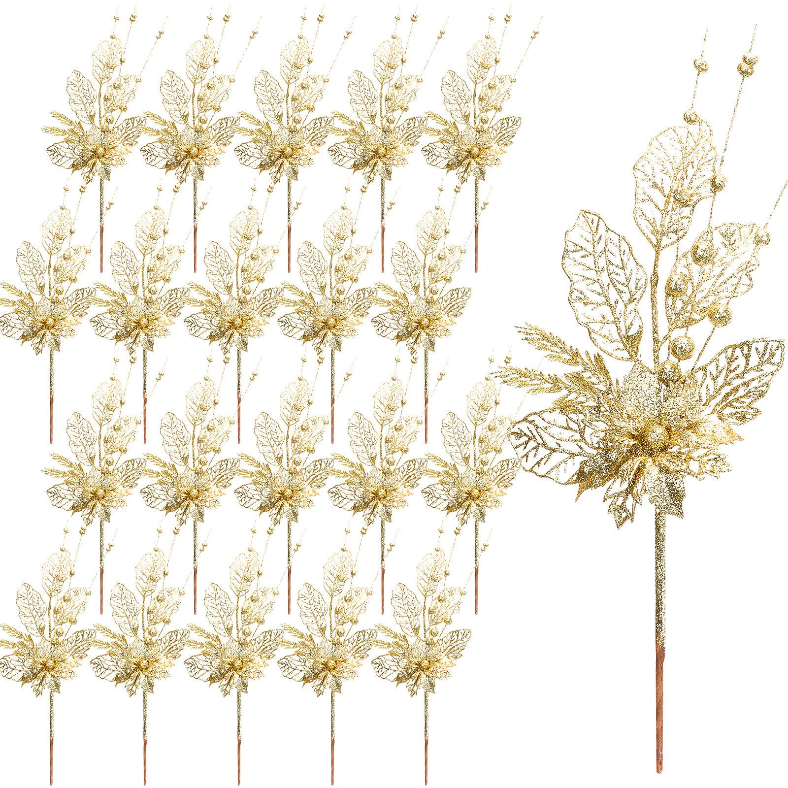 Tigeen 20 Pcs 16.5 Inch Artificial Christmas Picks for Christmas Tree Glitters Christmas Picks Sprays with Flowers Berry Leaves Christmas Glitter Berries Stems for Xmas Tree Ornaments (Gold)