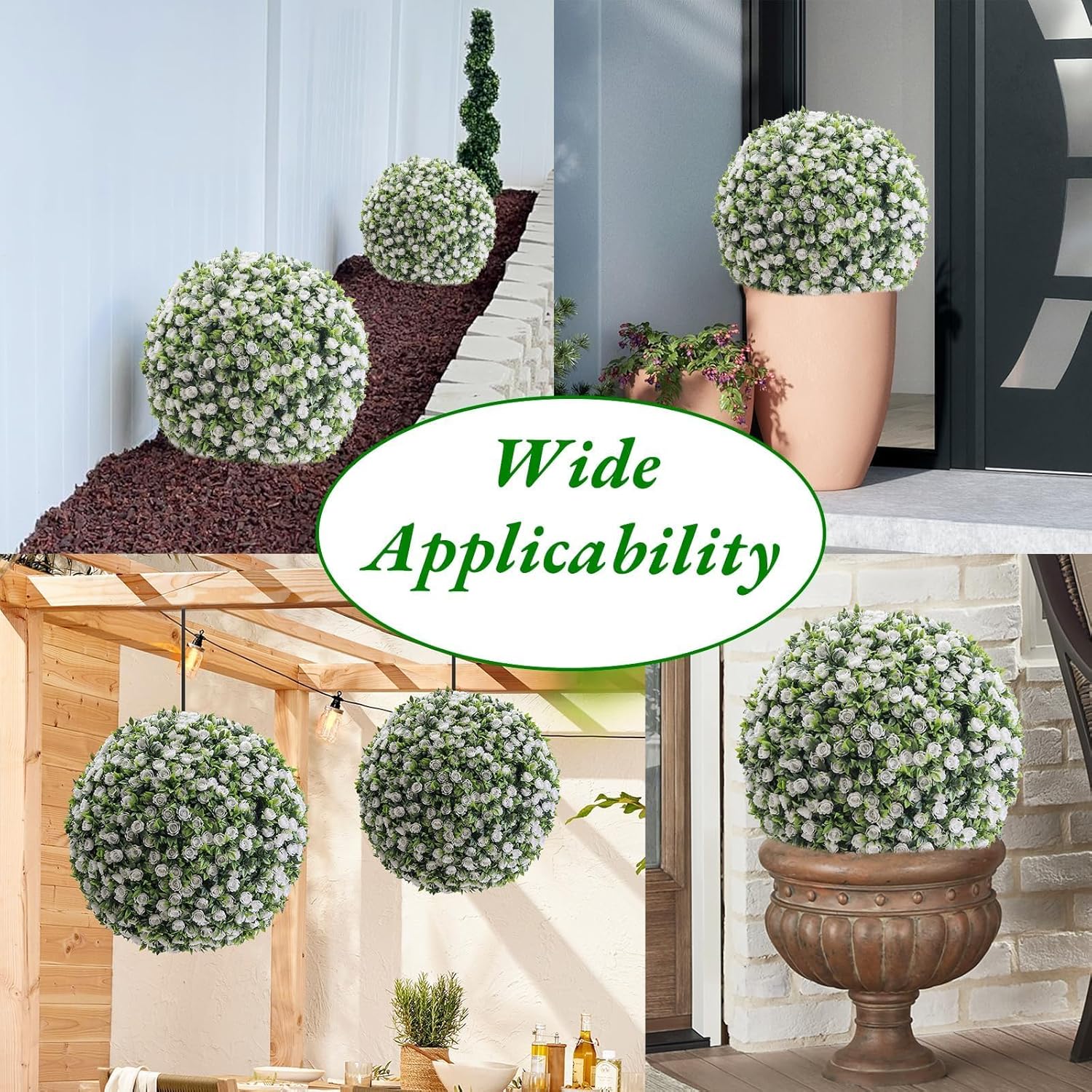 21.6 Inch Artificial Hanging Topiary Balls Set of 2, Faux Flower Balls for Garden Patio Wedding Valentine's Day Decor, Outdoor Indoor Hanging Decorations for Porch Front Door Party, White