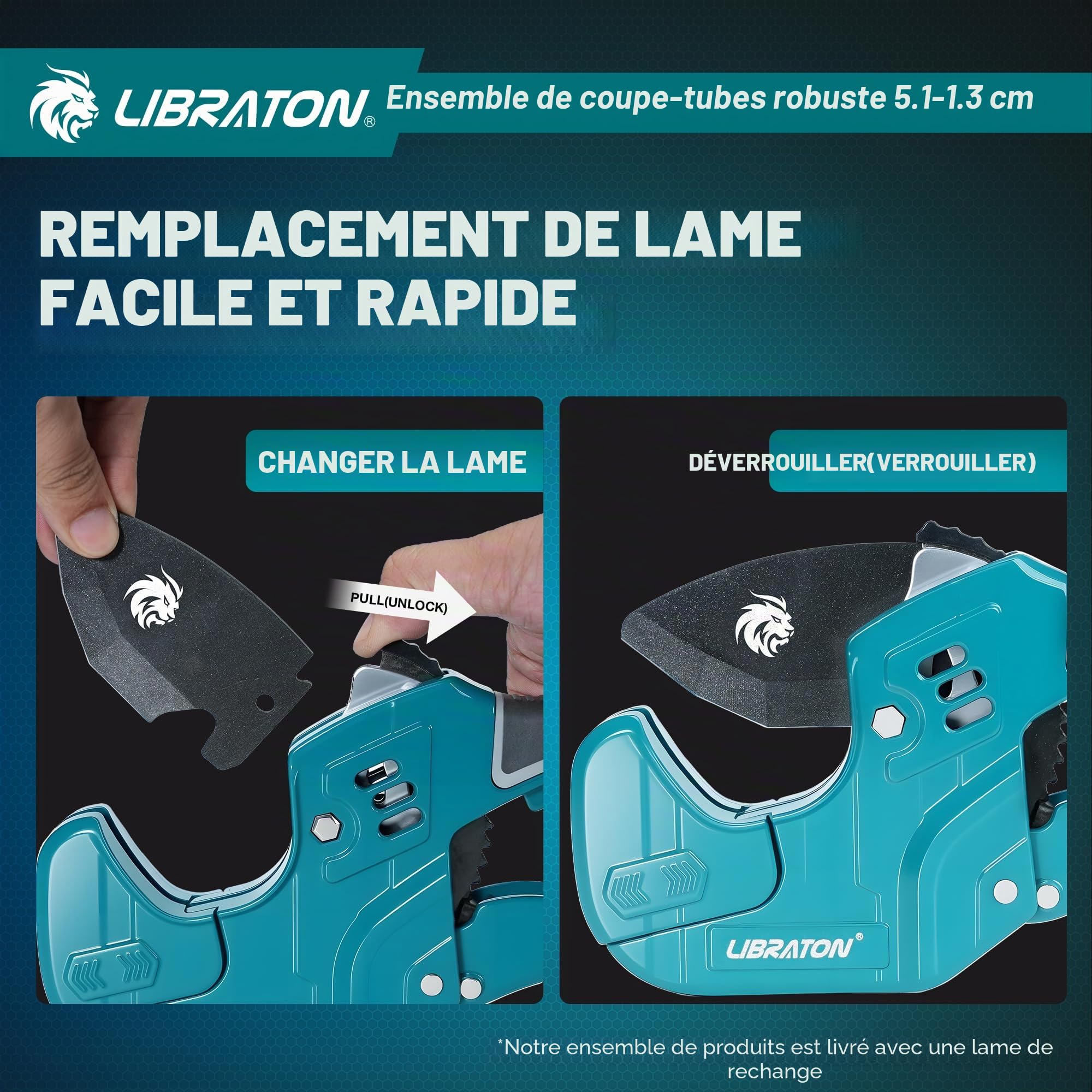 Libraton Coupe-tube PVC, 63mm Coupe-tube Plastique, Coupe-tube à Cliquet avec Lame Interchangeable & Outil D'ébavurage, pour Tubes PEX, PVC, PPR, Flexibles et Tuyaux de Plomberie