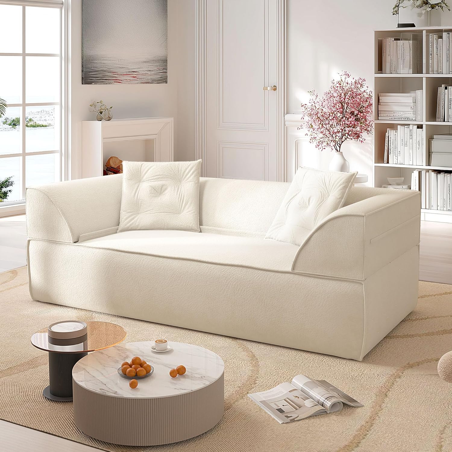 79.5'' 3 in 1 Convertible Sleeper Sofa Bed, Modern Folding Couch 3 Seater Sofa Boneless Loveseat Chaise, Floor Comfy Cloud Couch for Living Room, Sparkling Chenille Whole Piece Foam No Assembly Beige