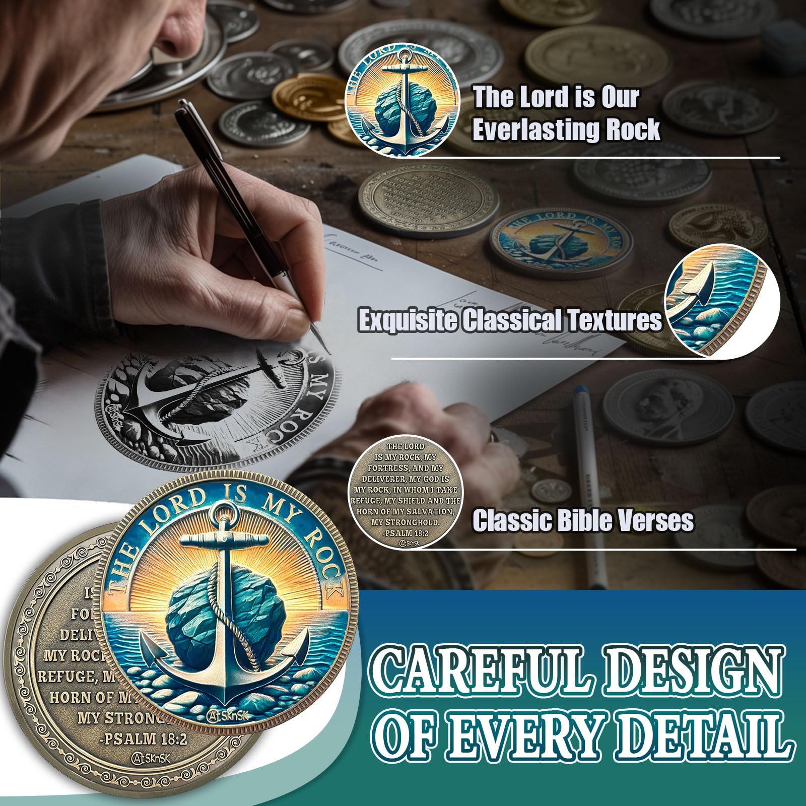 Anchor Stone Christian Challenge Coin, Psalm 18:2 Bible Verses Coin - Christian Prayer Pocket Token - Religious Gifts for Men Women - Image 3