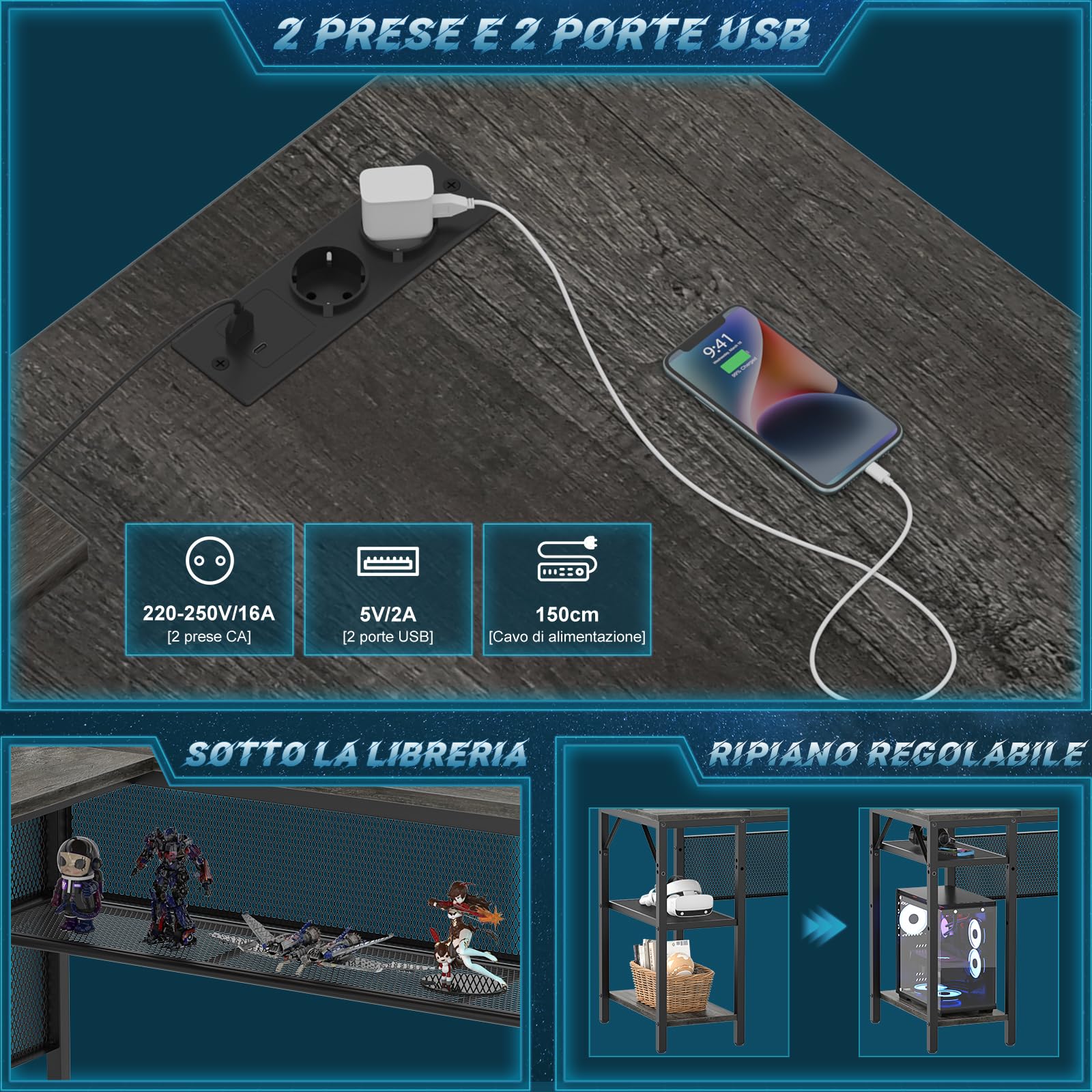 iSunirm Scrivania Gaming a L,110x80 cm Scrivania Angolare Reversibile con LED,Scrivania ad L per Casa Ufficio,Scrivania Computer con 2 Prese e 2 Porte USB,Quercia Grigia