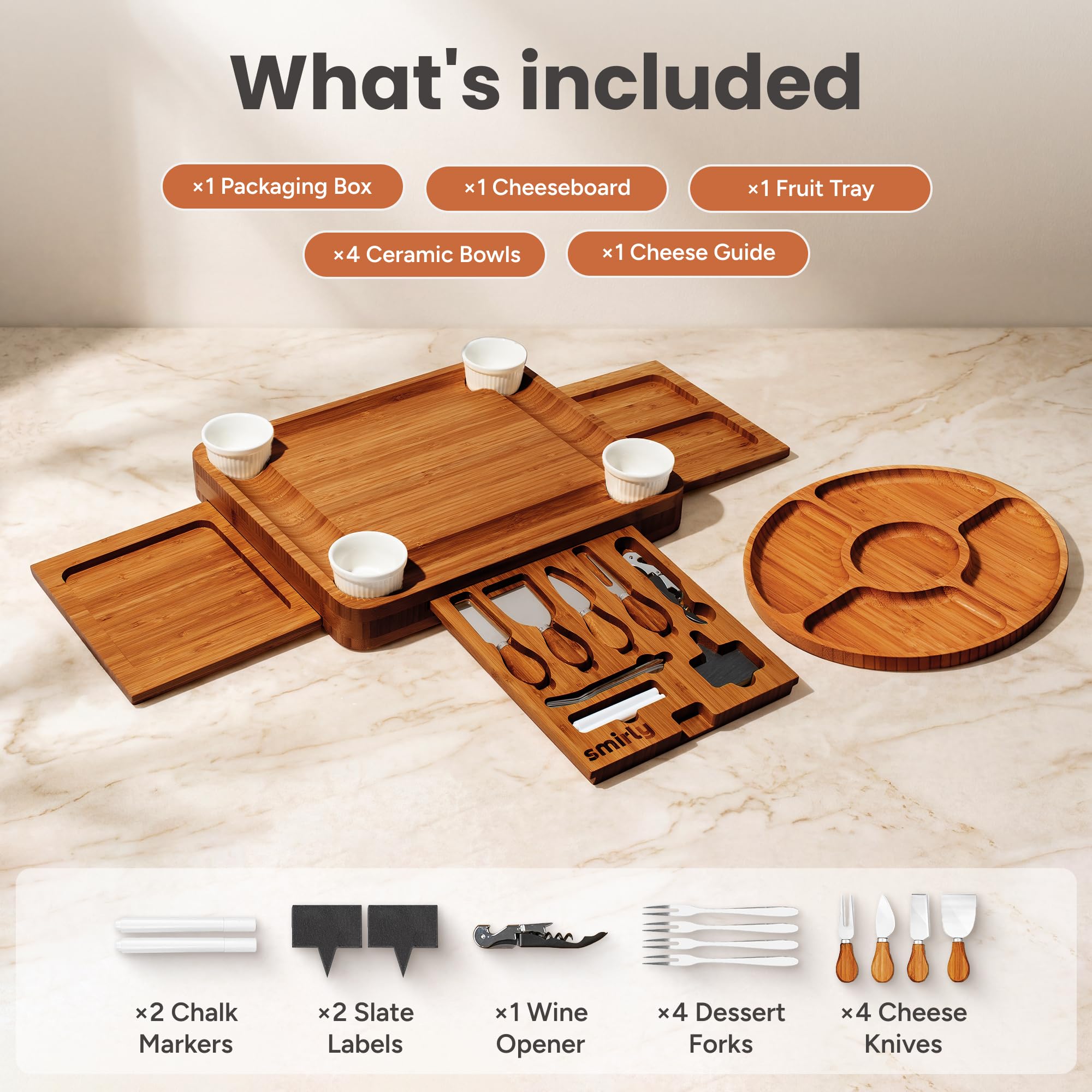 SMIRLY Charcuterie Boards Geschenkset: Charcuterie Board Set, Bambus Käsebrett Set - Hauseinweihungsgeschenke neues Zuhause, Hochzeitsgeschenke für Paare, Brautdusche Geschenk