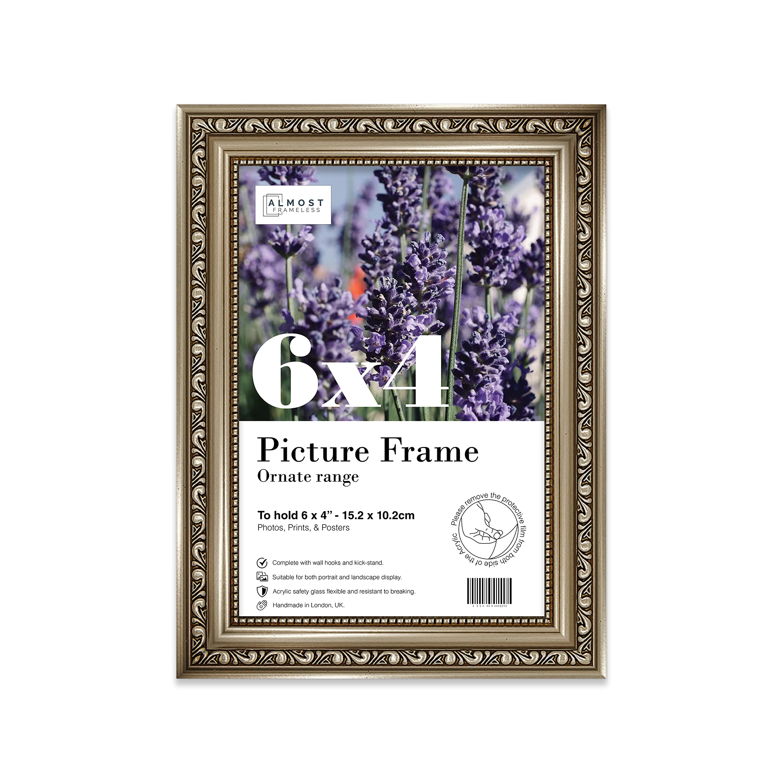 Almost Frameless 6x4 Gunmetal Ornate Picture Frame 6"x4"(15.2x10.2cm) Poster, Photo, Artwork, or Print. Elegant Style Portrait and Landscape Display with Wall Hooks