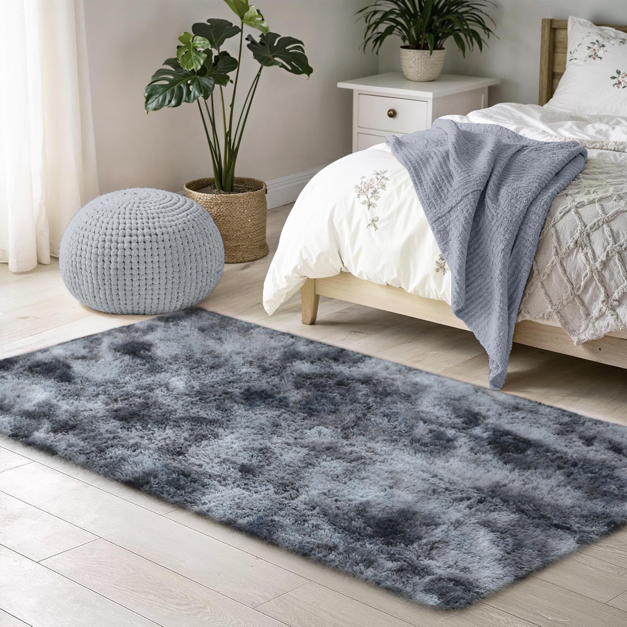 BEIMO Fluffy Faux Fur Bedside Rug 60x110cm, Soft Shaggy Rugs for Bedroom, High Pile Rugs, Non Shedding Plush, Solid Colour Shaggy Rug for Living Room, Tie-dyed Grey — image 1