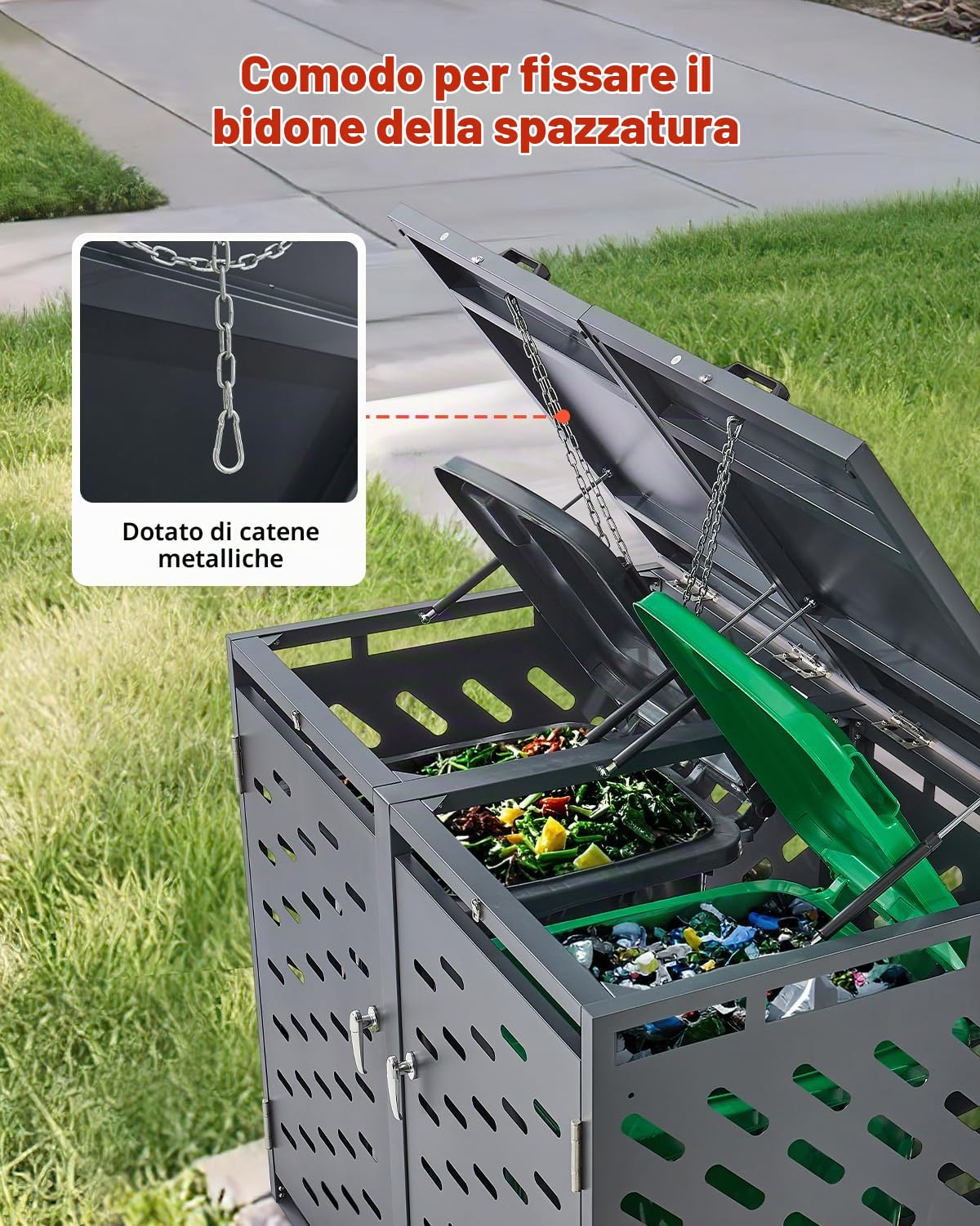 VEVOR Contenitore per Rifiuti da 2 x 240 L Contenitore per Bidoni della Spazzatura con Serratura, Armadio Orizzontale Impermeabile con Coperchio a Catena, per Bidoni della Spazzatura