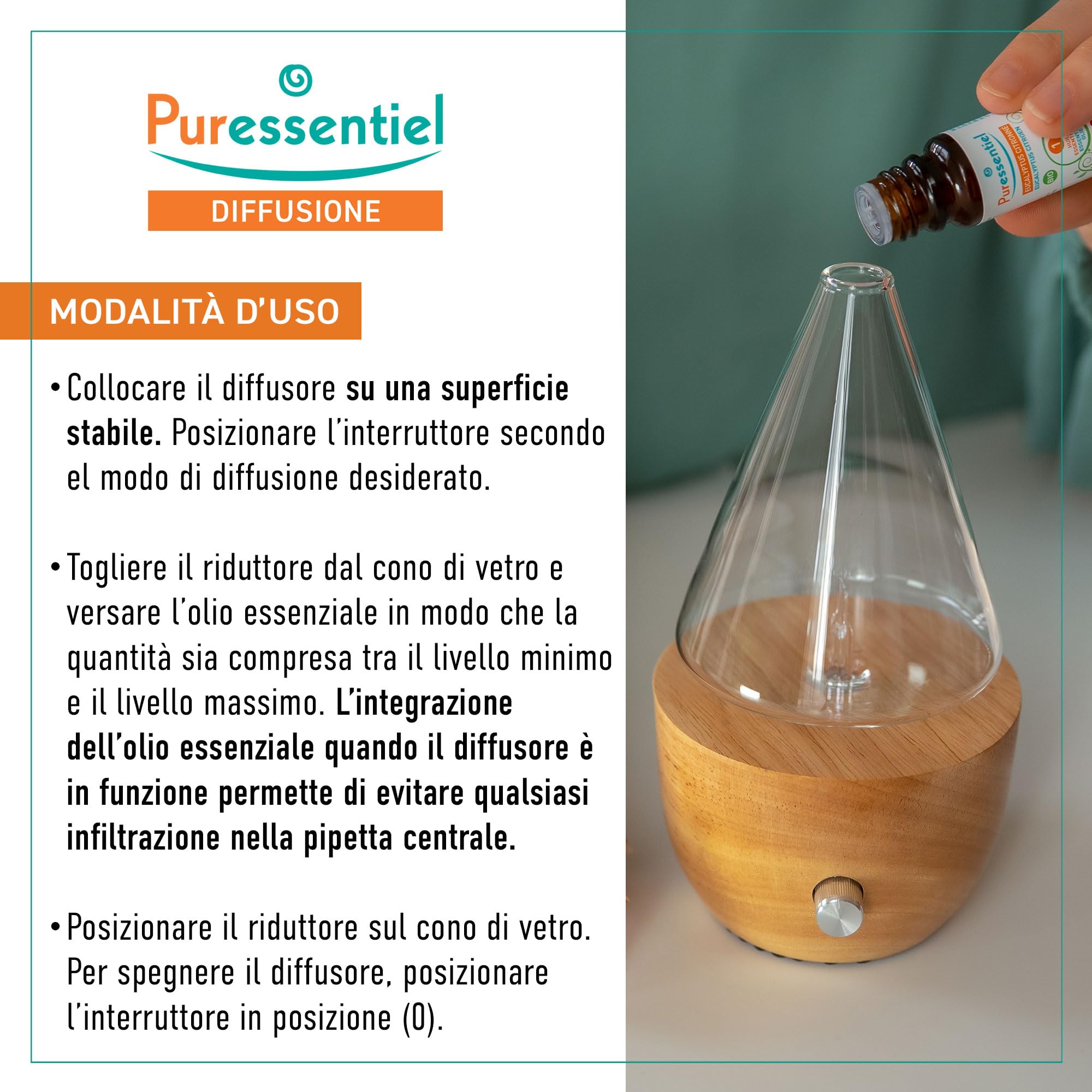 Puressentiel Diffusore a Nebulizzazione I'Conic, per Oli Essenziali, con Luci d'Atmosfera Colorate, Realizzato con Materiali Sostenibili, Piccolo e Compatto