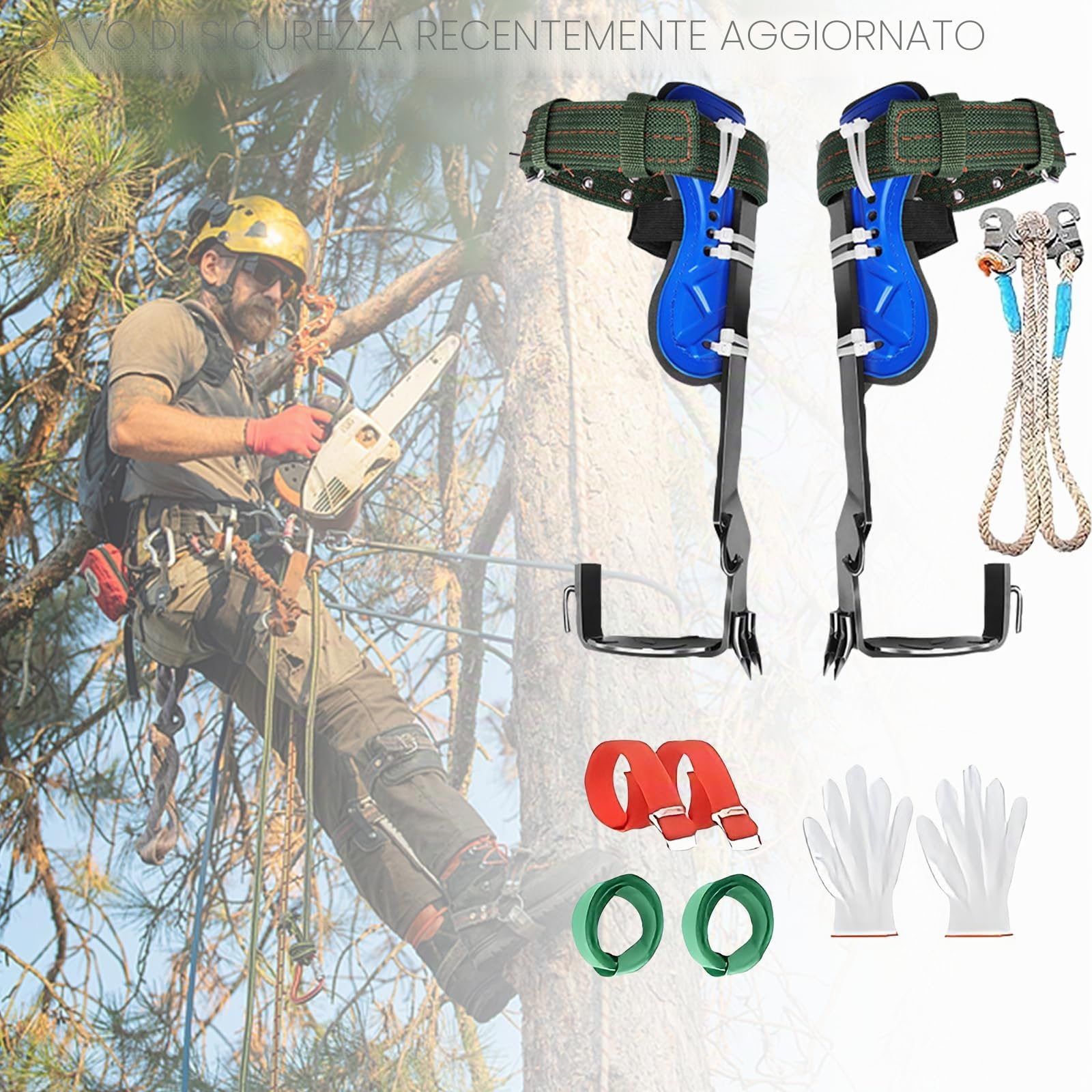 Attrezzatura professionale per l'arrampicata dell'albero, set di chiodi e artigli doppi in acciaio temprato ad induzione, punte a 5 bordi con canali di sangue, regolabile in altezza, con cintura di