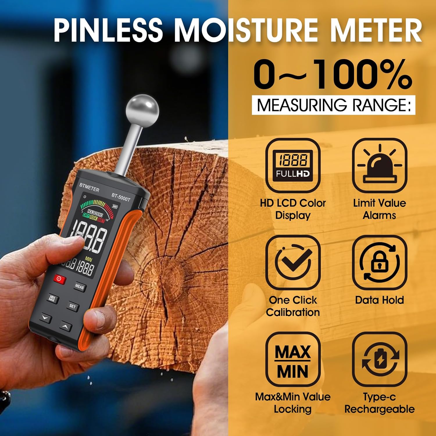 BTMETER Wood Moisture Meter - Pinless Moisture Detector Measur Depth 20-40mm Non-Destructive Moisture Tester with Masonry Spherical Sensor Sound Alarm LCD Display for Firewood Walls Flooring Concrete