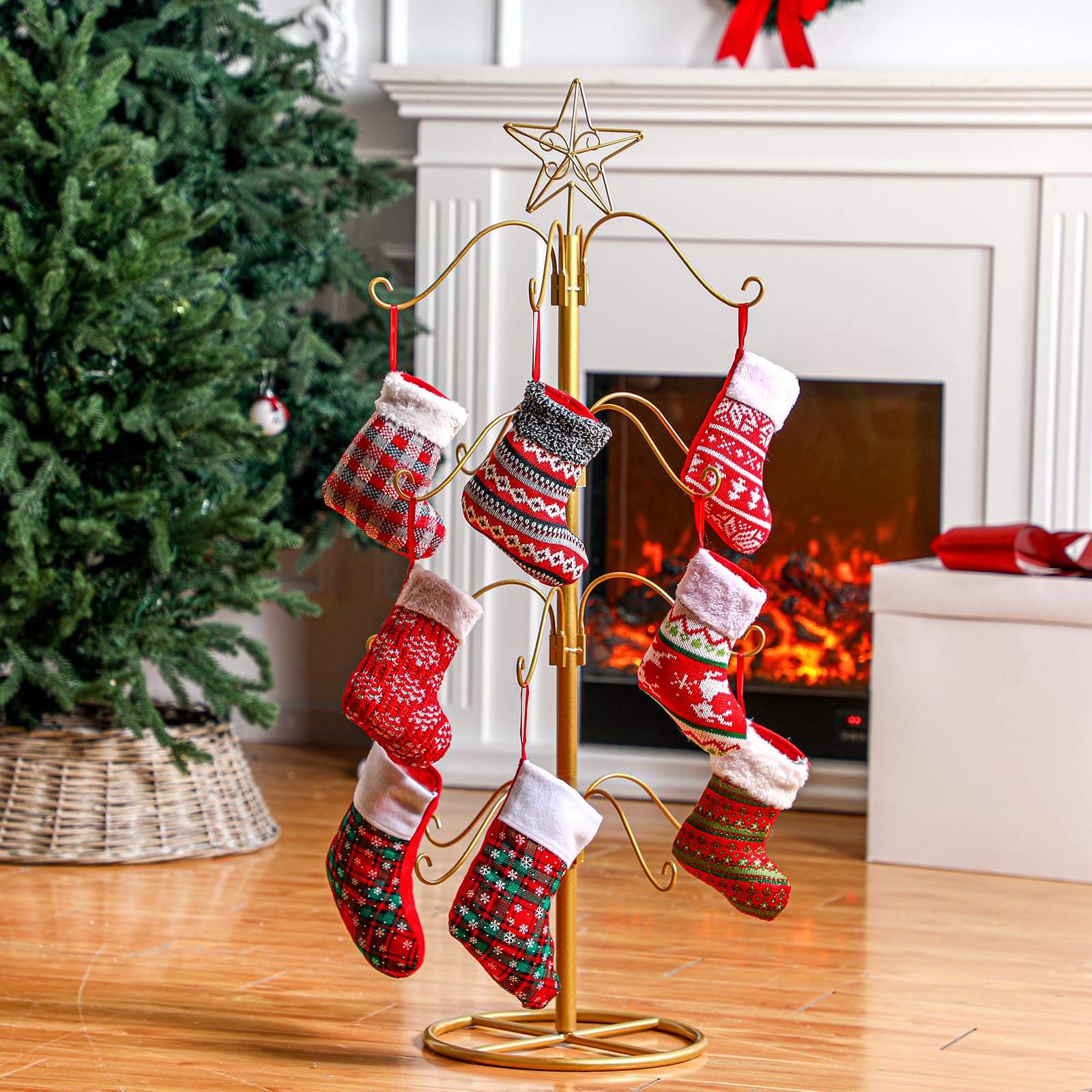 Blulu Support de sapin de Noël en métal de 99 cm avec crochet à suspendre pour décoration de Noël, vacances, fournitures de fête (doré)