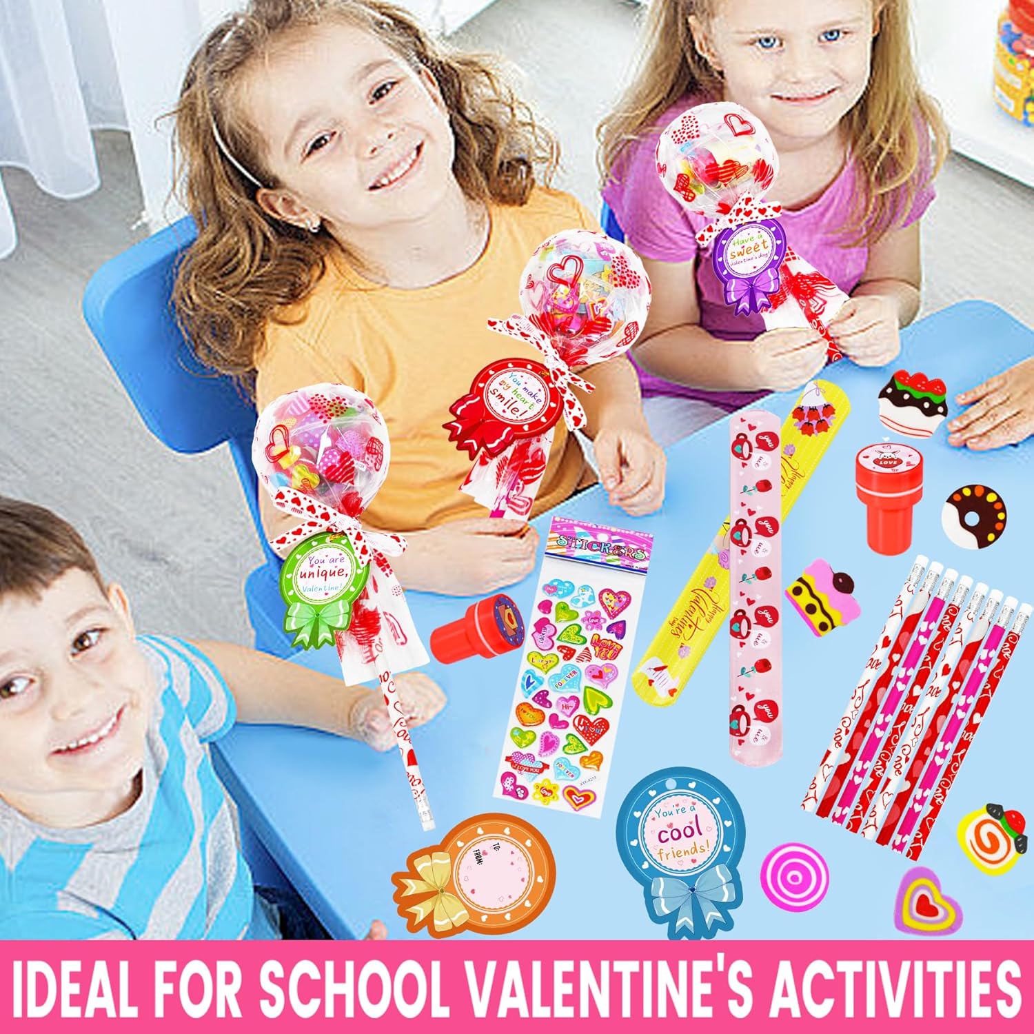 28 Pack Valentines Gifts for Kids - Giant Lollipop-Shaped Class Stationery Set with Cards, Bulk Valentines Classroom Gifts for School Exchange Prizes