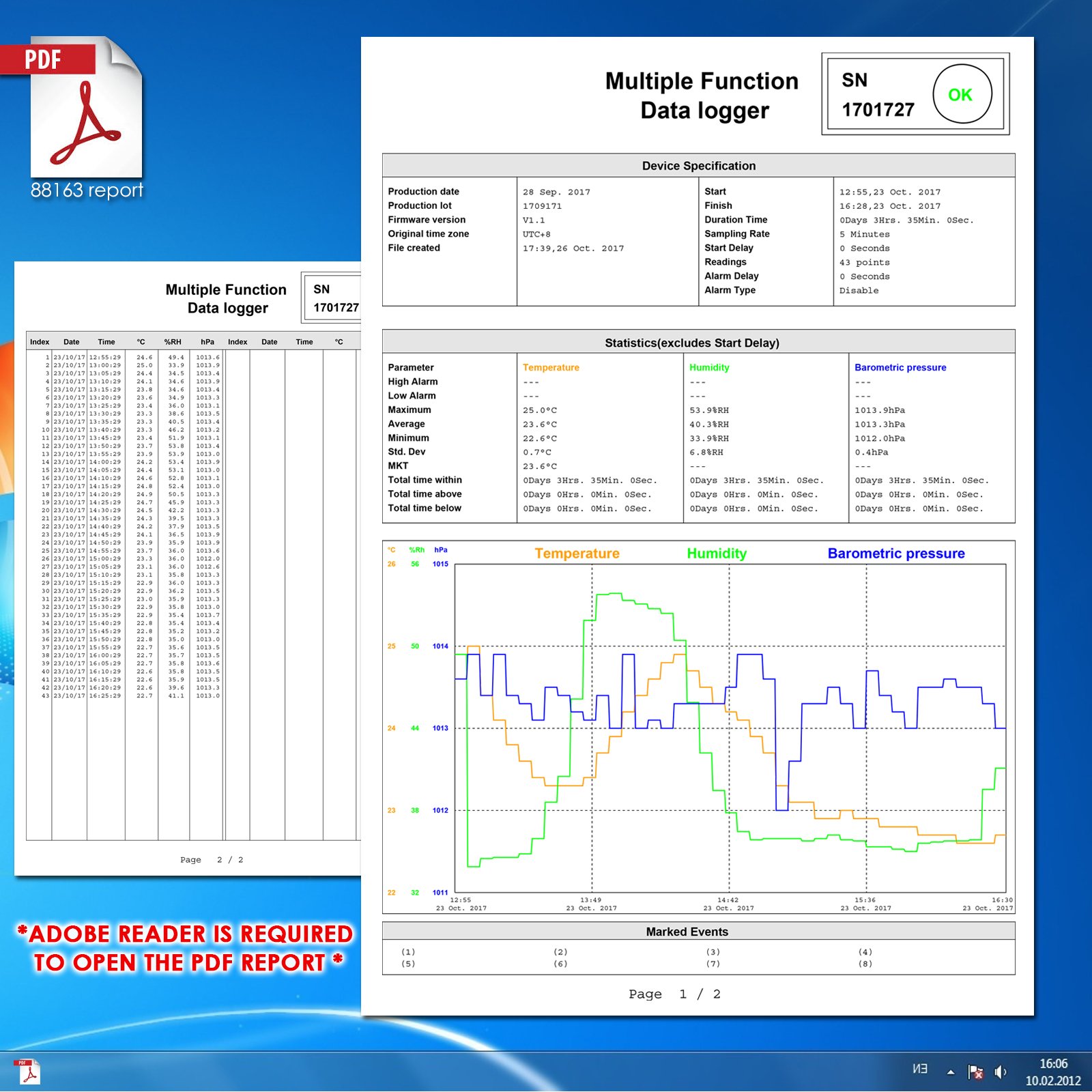 Registrador de datos de temperatura y humedad USB con sensor de presión atmosférica IP65, impermeable, informes CSV y PDF de alta precisión