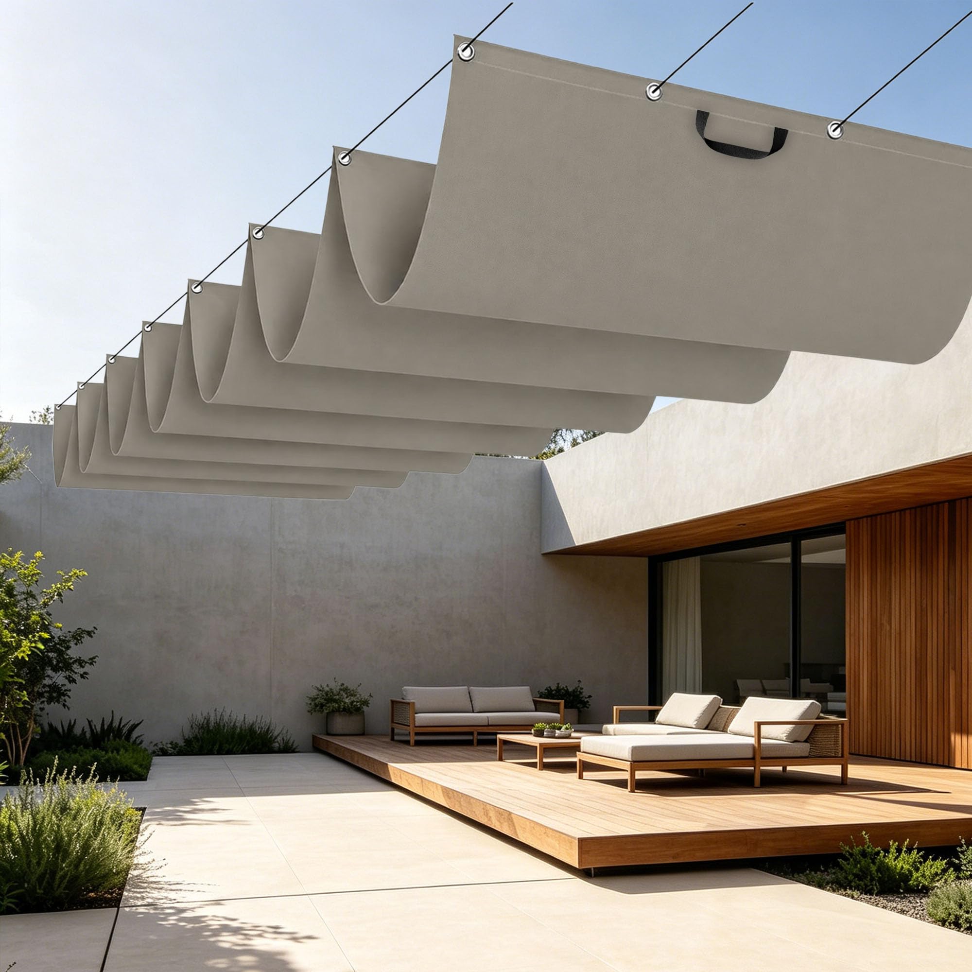 Voiles d'ombrage rétractables 750x300 cm pour créer un coin de fraîcheur au patio
