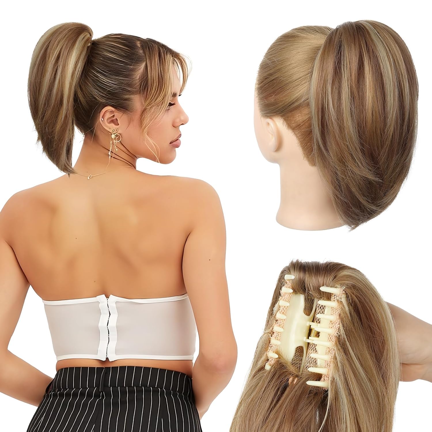 Ponytail Extension - 10" Short Claw Clip in Ponytail Hair Extensions Messy Bun Hair Piece Natural Soft Synthetic Straight Pony Tail Hair Pieces for Women - Light Brown with Highlights Light Reddish Brown with Highlights