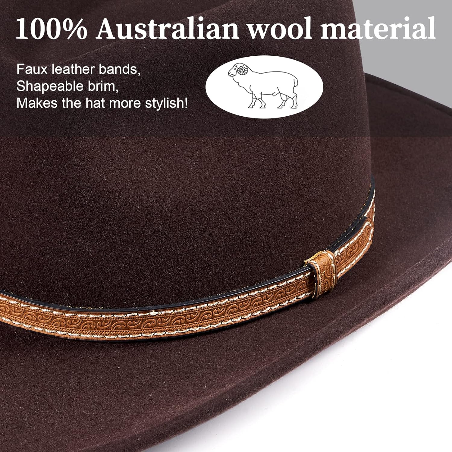 MIX BROWN Cowboy Hat Water-Resistant Felt Hats 100% Wool Wide Brim Western Panama Rancher Hat for Women Men - Image 3