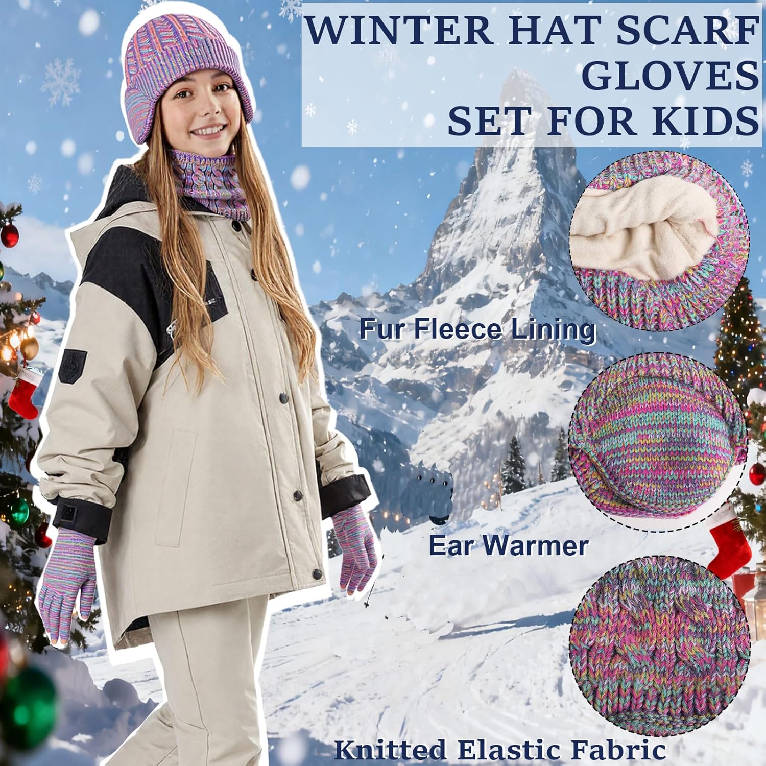 Kids Winter Hat Scarf Gloves Set, Girls Boys Fleece Beanie Hat with Ear Warmer Gloves Plaid Scarf Neck Warmer Set Gifts - Image 4