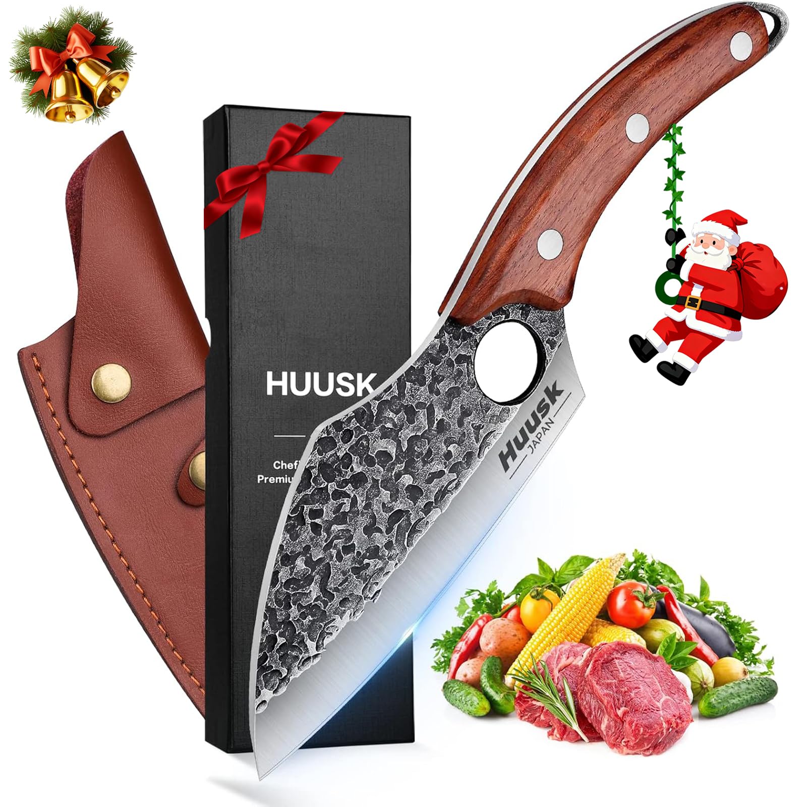 Huusk Hand Forged Meat Cleaver - Butcher Knife for Meat Cutting, Japanese Kitchen Viking Knife with Sheath, Cooking Knives for Kitchen and Outdoor Camping, Thanksgiving Christmas Gifts