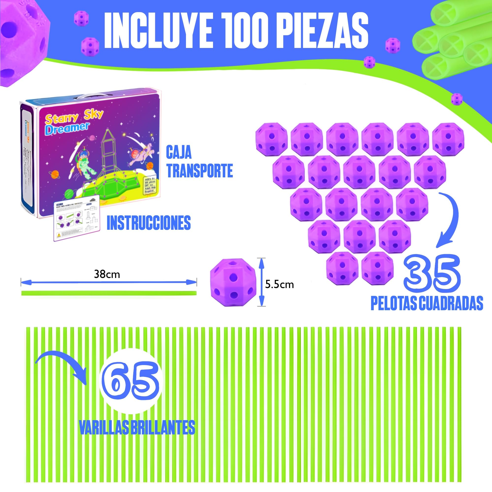 100 pezzi Kit di costruzione - Brilla al buio, forte bambini da 3 a 13 anni, castelli tunnel creativi, tenda di giochi e campagna per interni ed esterni, fortezza fai da te