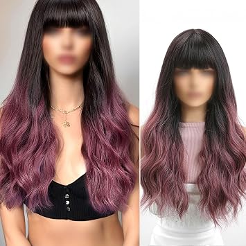 Ombre Pink Wigs Long Wavy Curly Wig With Bangs Gradient Color Wig Black Pink Wig Fluffy Synthetic Hair Wig Dark Roots Wig For Women 26 In