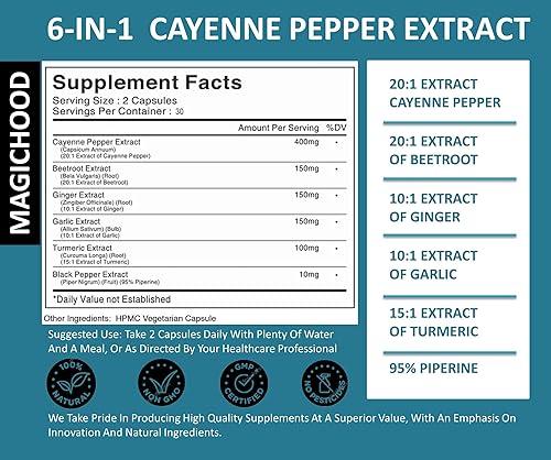 Miniatura 3 de Complejo de pimienta de cayena 960 mg, súper extracto con jengibre, ajo, cúrcuma, raíz de remolacha, pimienta negra, 60 cápsulas, suplemento natural