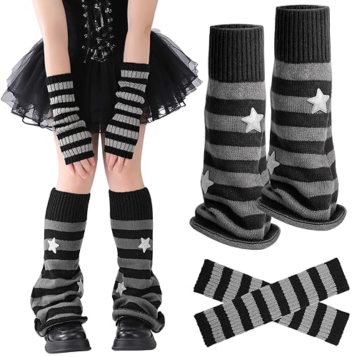 Jspupifip Y2K Leg Warmers for Women, Star Arm Warmers Streetwear Leg Cover Retro Stretchy Dance Accessories - Black Grey - 2