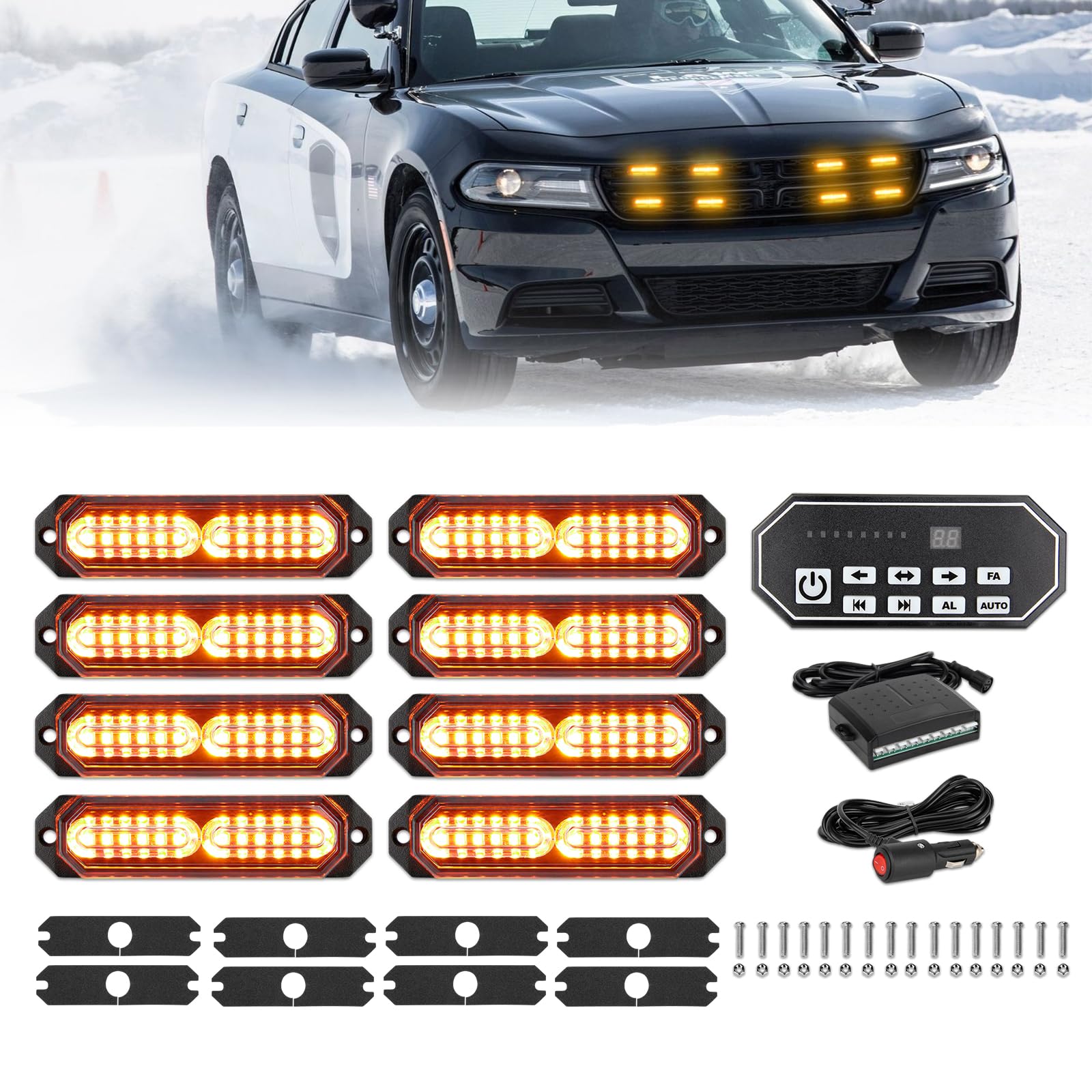 Luces estroboscópicas LED ámbar, 8 luces de advertencia de emergencia con controlador estroboscópico de 9 teclas para camiones, camionetas, cuatrimotos