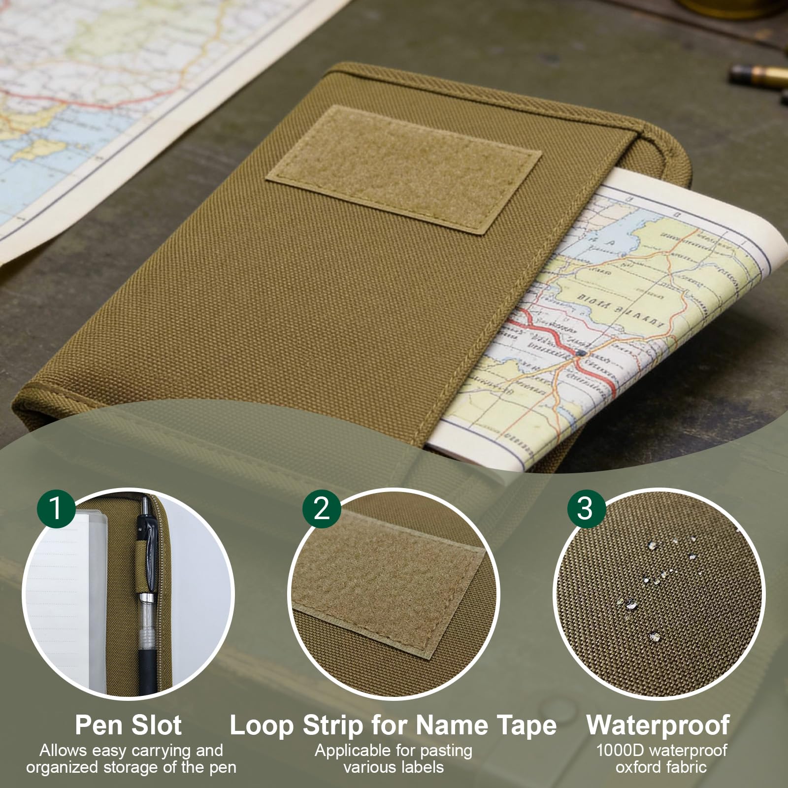 Taktische Padfolio Ringbinder mit 45 Blatt, Militär Padfolio Ringbuch mit Reißverschluss, Militär-Notizbuchhülle, Wetterfester A6 Notizbuch Ordner, Abnehmbarer 6-Ringbuch-Organizer, Khaki