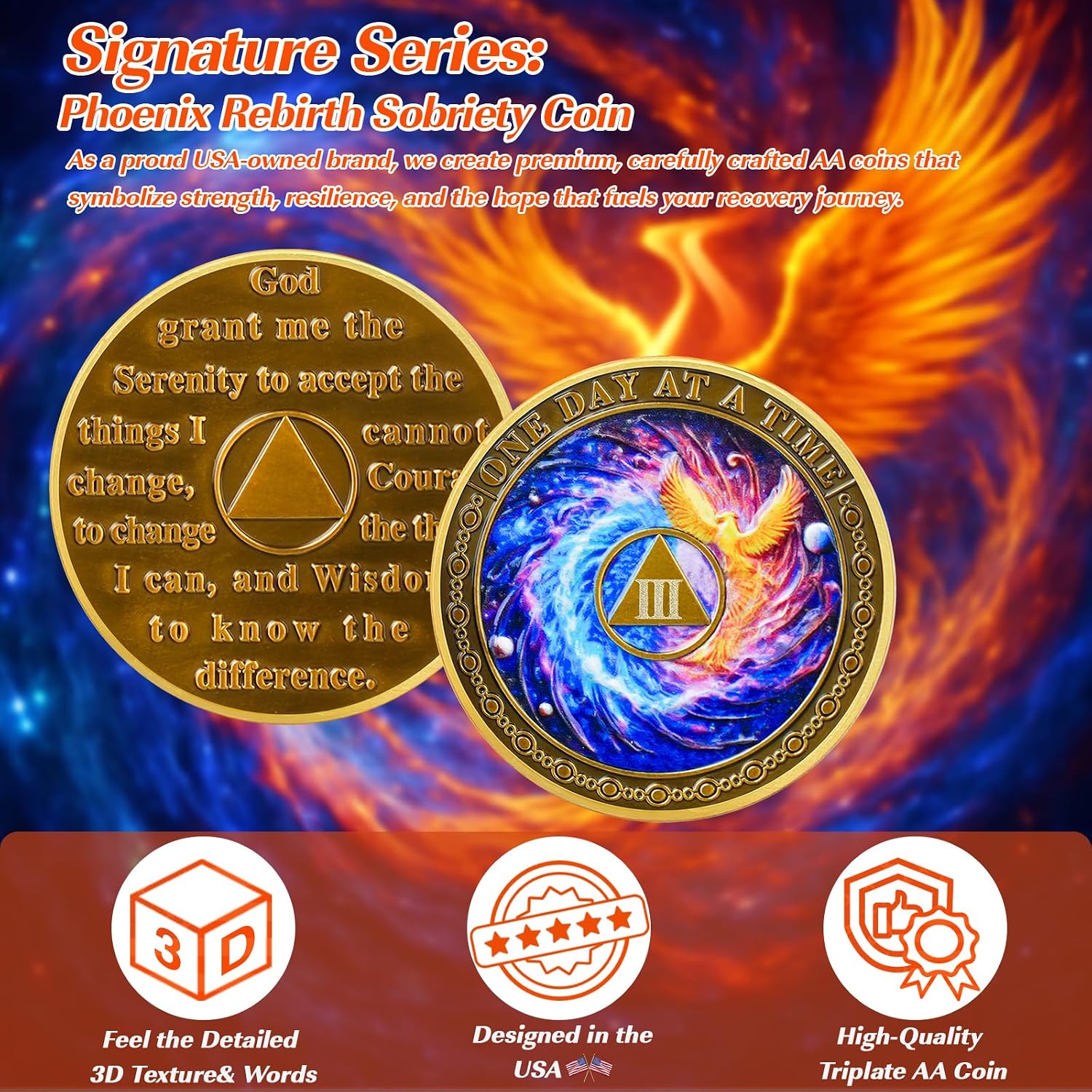 Phoenix Rebirth 3 Year Sobriety Coin, Affirmation AA Coins, Addiction Recovery Three Year Sober Coin, Celebrating Recovery Anniversary Token, AA Sobriety Gifts for Men Women