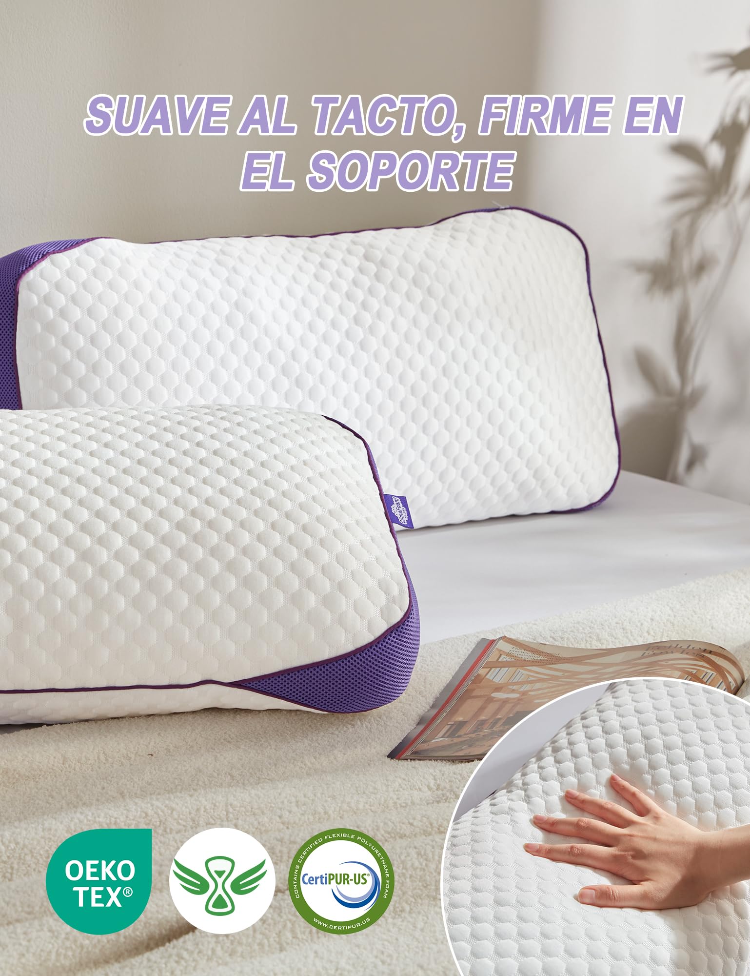 BPC Pack 2 Almohadas 50x75 cm de Espuma Viscoelástica, Memory Foam para Dormir con Altura Ajustable, Almohada Cervical Ergonómica, Transpirable e Hipoalergénica