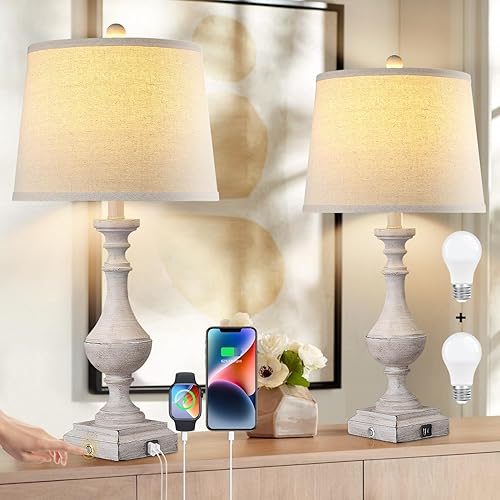 AKASUKI 27.5 Inch Grey Farmhouse Table Lamps for Living Room Set of 2 with USB and Type-C Port, 3-Way Dimmable Table Lamps for Bedroom Vintage Rustic Bedside Lamps for bedrooms(2 Bulbs Included)
