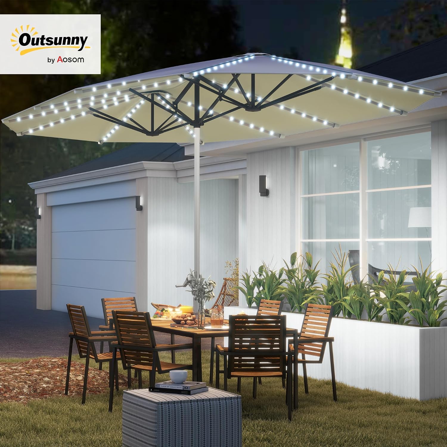 Outsunny 15ft Extra Large Patio Umbrella with Bright Solar Lights, Aluminum UPF50+ Double-Sided Outdoor Table Market Umbrella with Fiberglass Ribs Crank Air Vents for Backyard Deck Pool