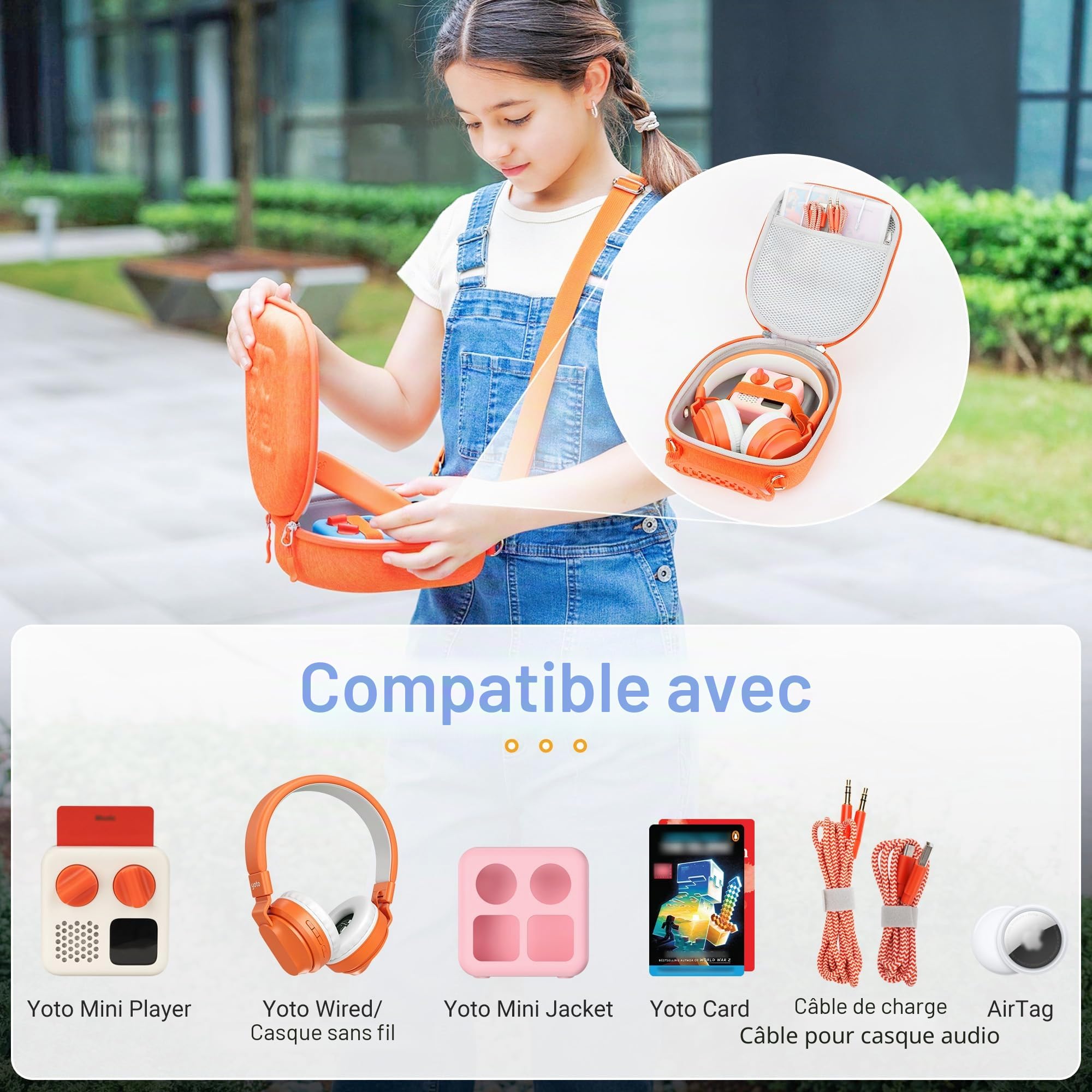 PROfezzion Étui de Voyage Sacoche Sac Enfants Case pour Yoto Mini et Casque - Sac de Rangement Coque Dure en EVA Premium avec Poche Dédiée Air Tag, Poignée, Bandoulière et Porte-Cartes (Orange/Grande)