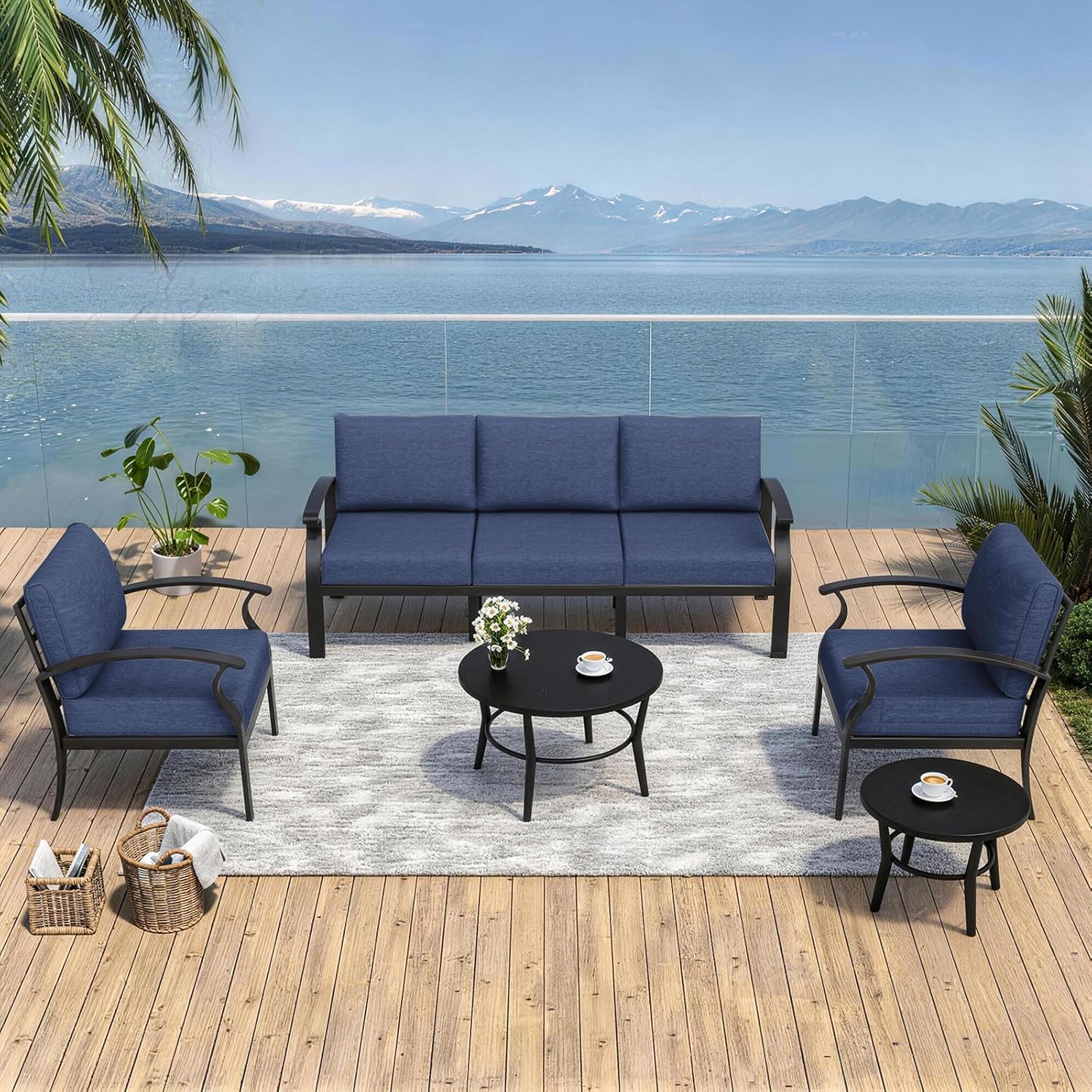 Kurapika Aluminum Patio Furniture Set 5-Seat Modern Metal Outdoor Conversation Sets w/5.1 Inch Cushion Patio Sectional Sofa, Navy Blue