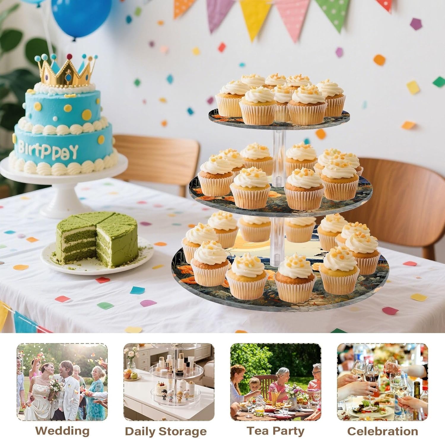 3 Tier Cupcake Stand Scenery Along The Road Acrylic Tower Tiered Tray Stand for Wedding Birthday Party Decoration