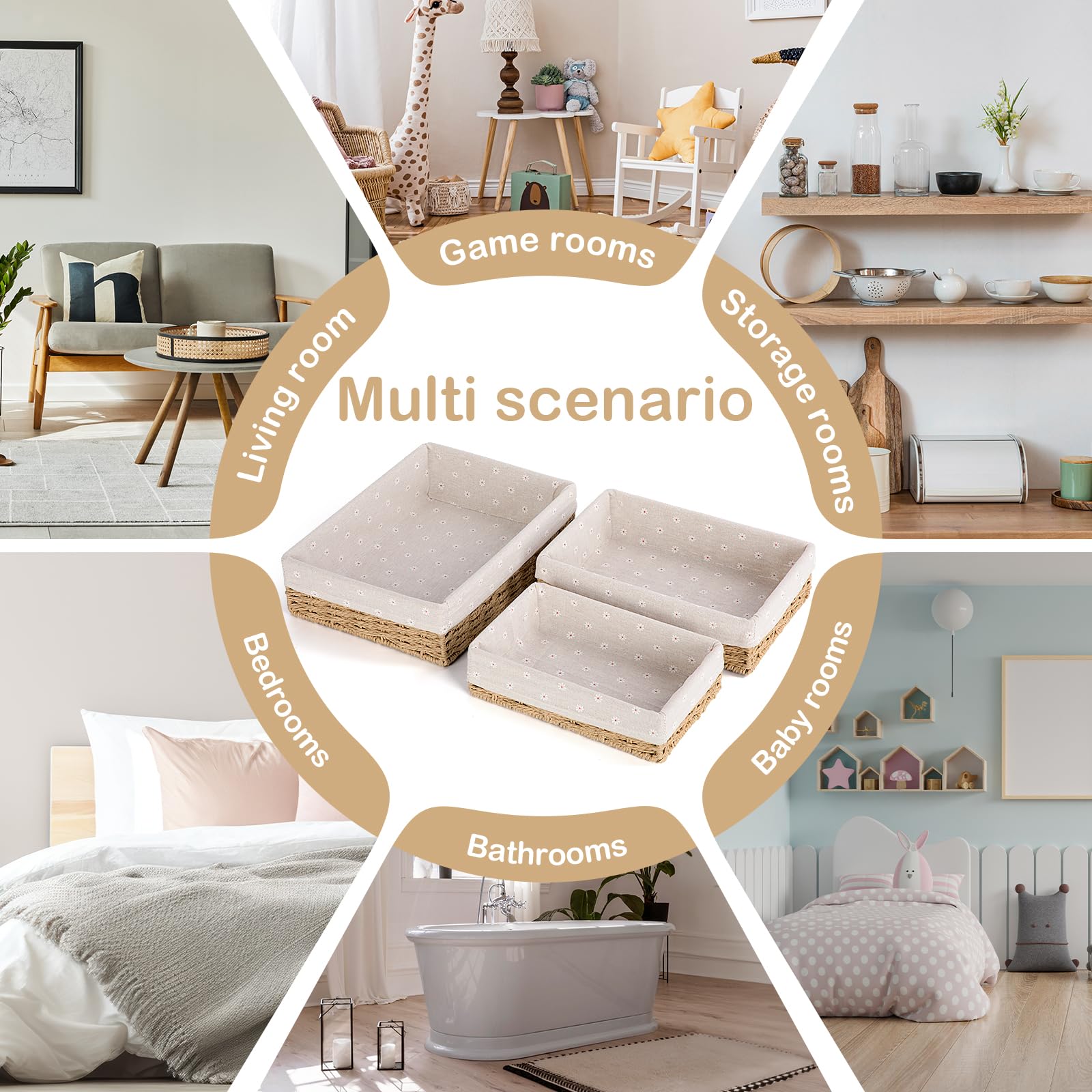 FoiiLiio Lot de 3 Panier Rangement, Paniers de Rangement Tressés, Paniers et boîtes de Rangement, Corbeille Rangement pour Salle de Bain, Cuisine, Organisateur Table a Langer Bebe (Beige)