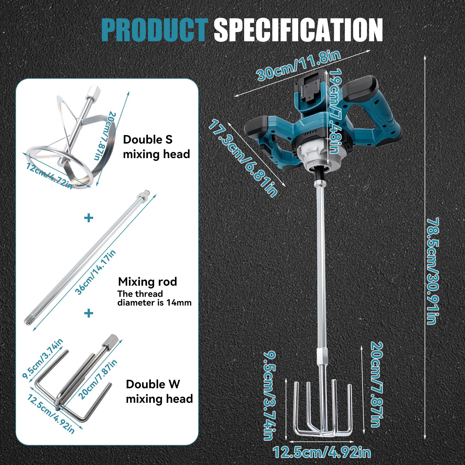 Mezclador de cemento inalámbrico para batería Makita de 18 V, mezclador de paleta sin escobillas, mezclador de mortero de pintura de 6 velocidades, máximo 680 RPM, agitador eléctrico de hormigón para