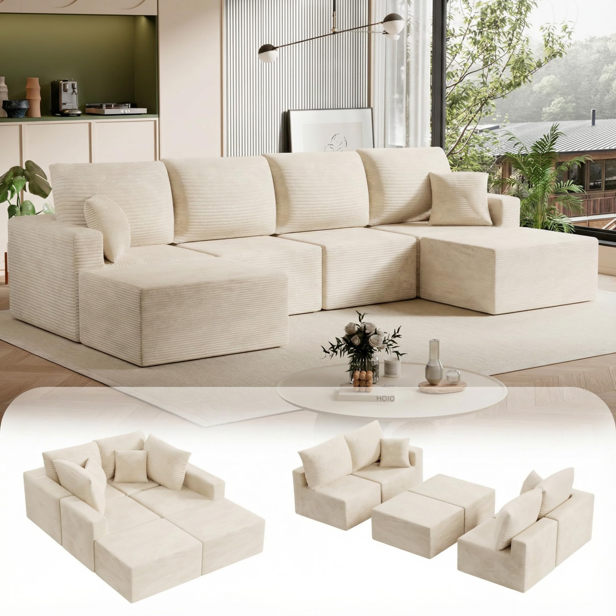Homall 126" Sectional Couches for Living Room, Modern Fabric Boneless Couch with Deep Seat, Upholstered Cloud Sofa with 2 Ottoman, No Assembly