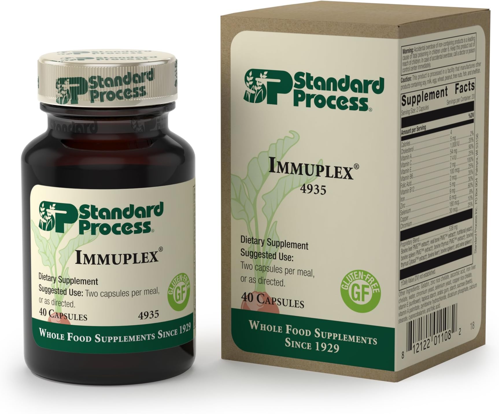 Standard Process - Immuplex - Immune System Function Support Supplement, Provides Vitamin A, C, E, B6, B12, Folic Acid, Iron, Zinc, Selenium, Copper, Chromium, Gluten Free - 40 Capsules