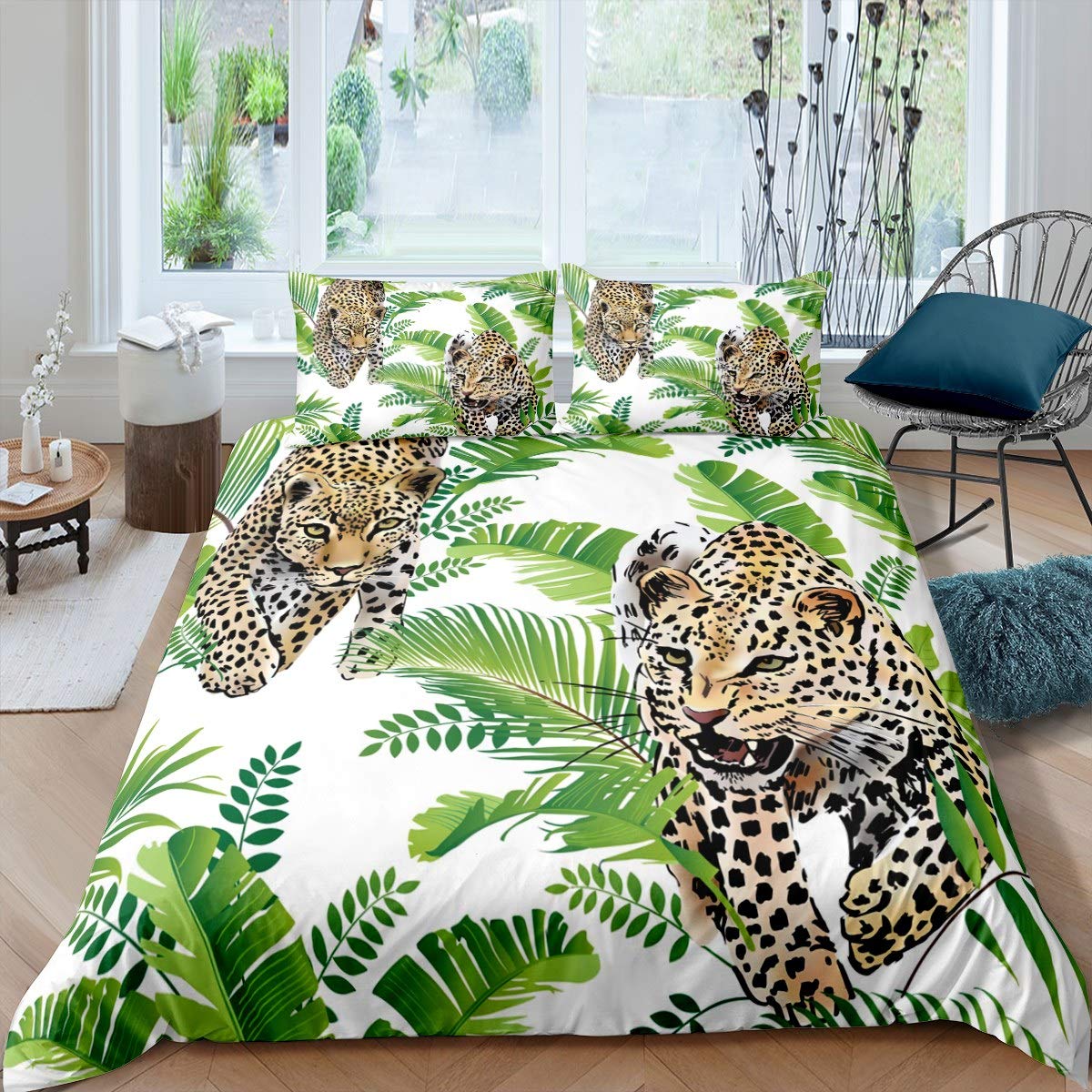 Loussiesd Leopard Bedding Set Cheetah Print Duvet Cover For Kids Children Teens Palm Leaf Comforter Cover Wild Animal Theme Bedspread Cover Tropical Leaves Bedroom Decor Quilt Cover 3Pcs King Size