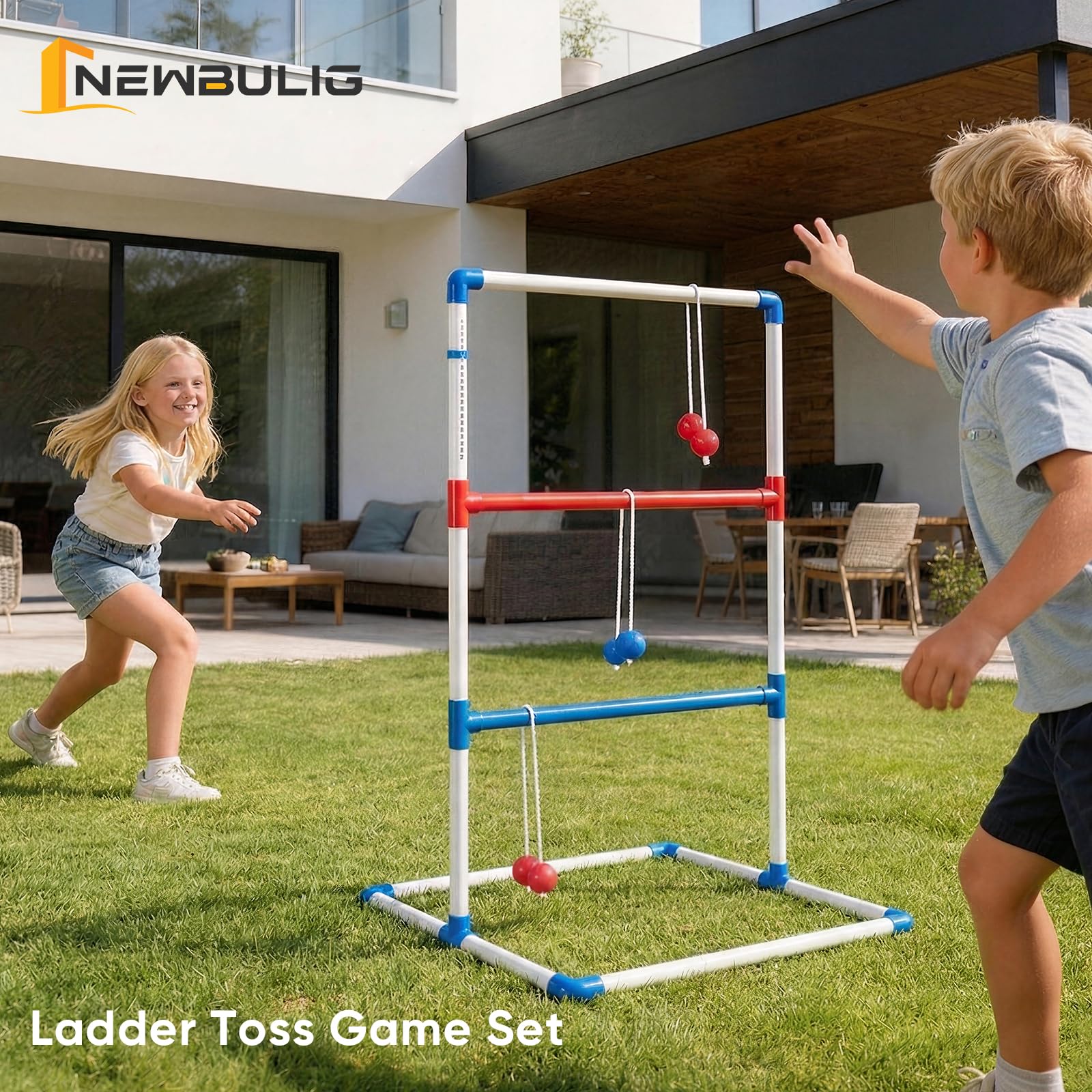 NEWBULIG Leiter Wurfspiel, Schrittball Golfset mit Wurfbällen, Leiter Ballspiel für Outdoor-Rasen, Bauernhof und Garten für Familie, Erwachsene und Kinder, komplett mit 6 Bolen, Score-Tracker und