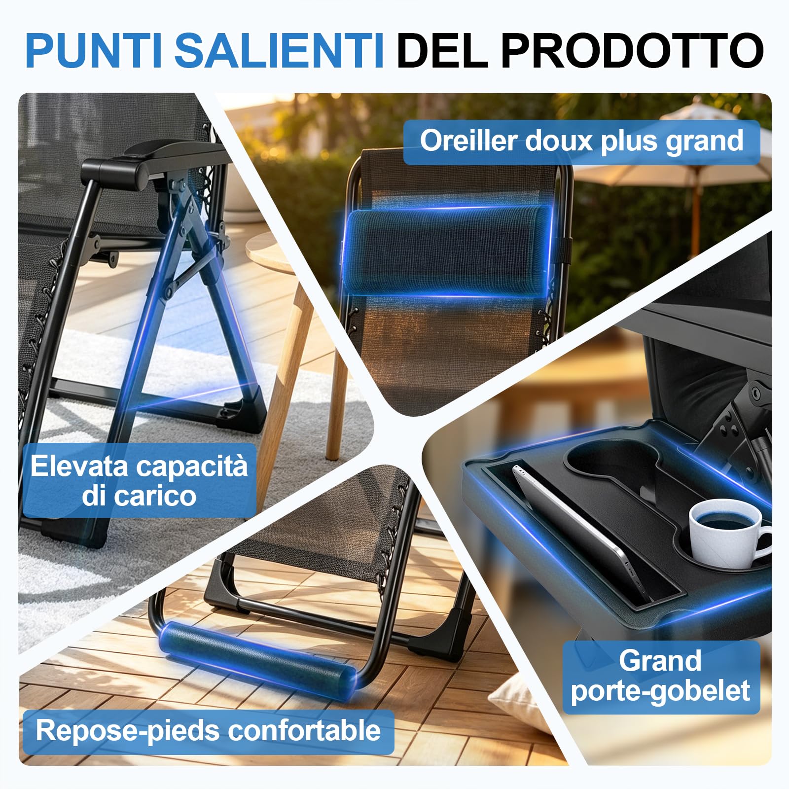 Generazione2 Poltrona Sdraio Pieghevole da Giardino, Sedia Sdraio Imbottita con Supporto Imbottito, Schienale Regolabile e Cuscino per il Collo, Portata 200 kg, Nero, 65cm