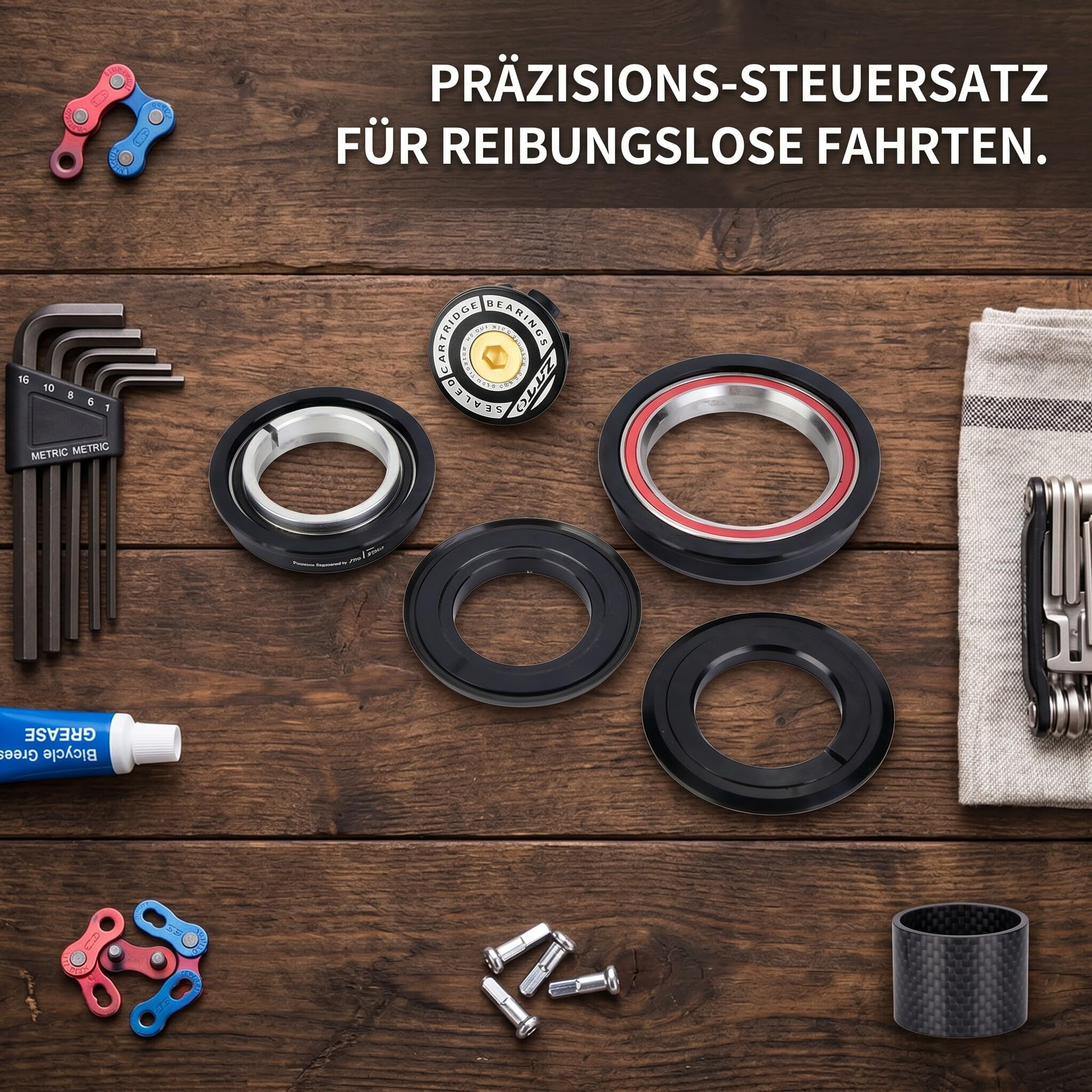 Serie sterzo per bicicletta 4456ST in alluminio AL6061 T6, forcella tubolare conica dritta, lavorata a CNC, nera e antiruggine con tappo antipolvere
