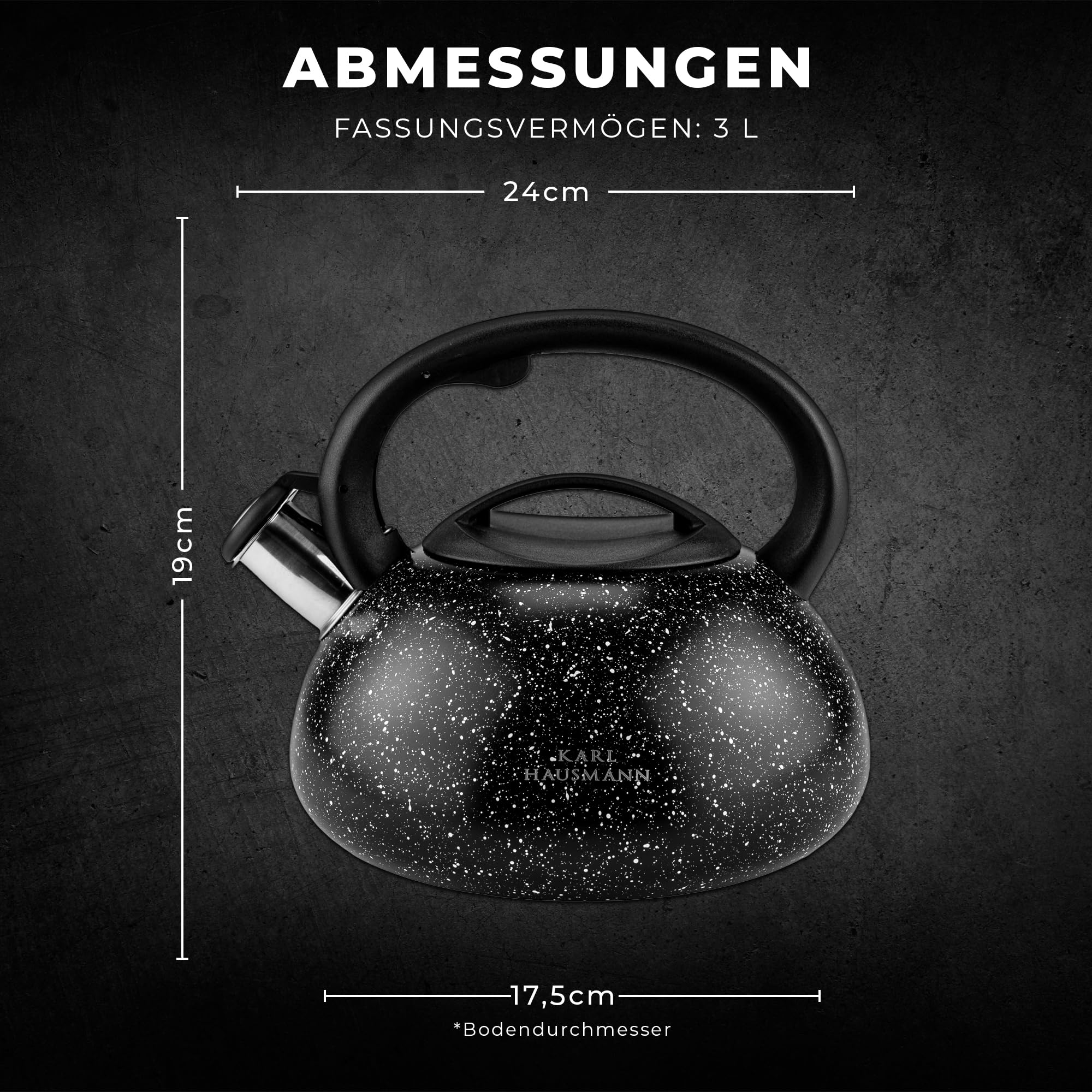 KARL HAUSMANN Wasserkessel Induktion 3L - Schwarz Marmor Teekessel mit Pfeifton - Edelstahl Wasserkocher für Induktionsherd, Gasherd und Elektroherd - Pfeifkessel Küche – Flötenkessel