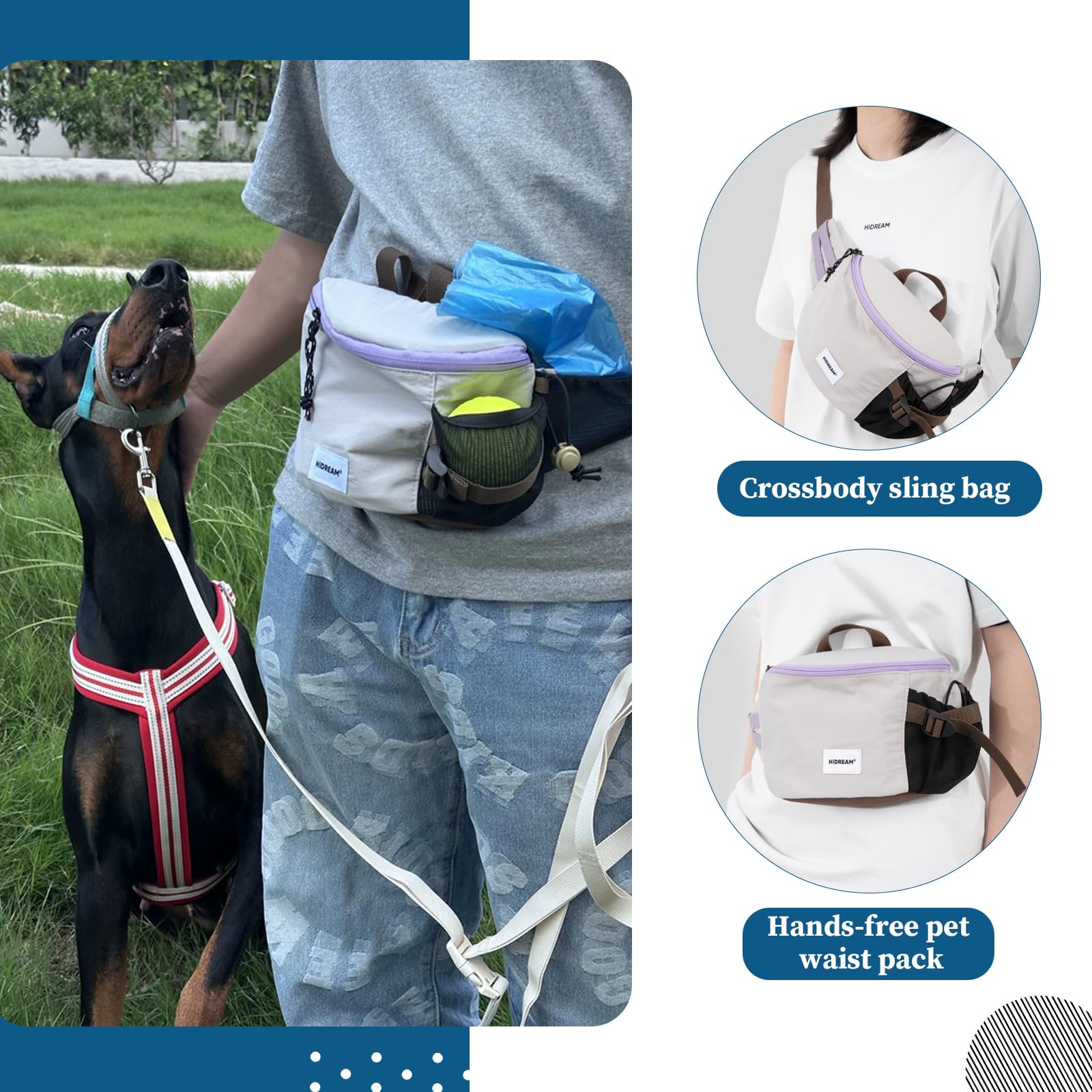 Pochette à friandises 2 en 1 pour chien et sac à bandoulière pour animal domestique, sac banane étanche pour dressage de chiot pour promener les chiens (gris)