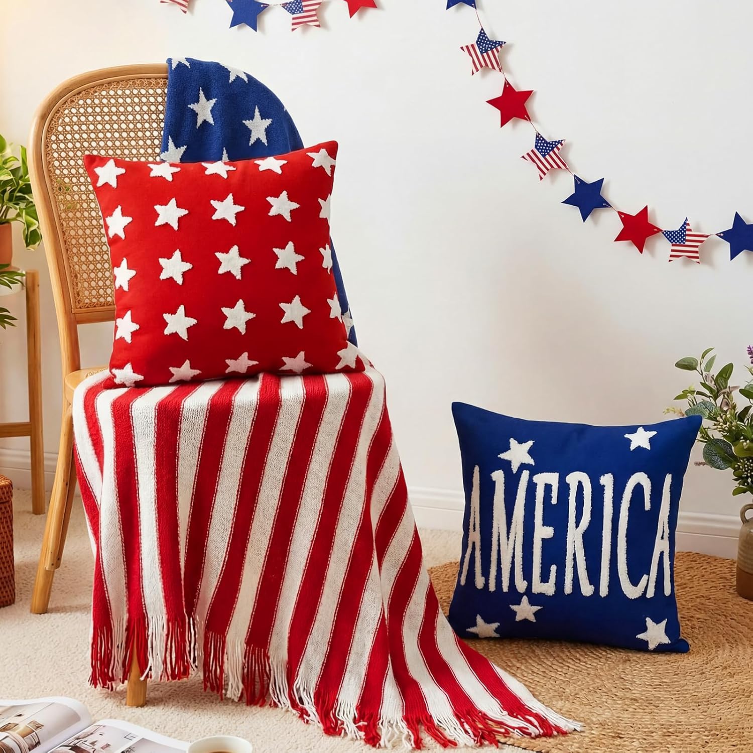 Fourluoo 4 Pcs Patriotic Throw Pillow Covers 18x18 Inch Soft Independence Day Decorative Pillowcase Plush 4th of July Soft Plush Pillow Covers Cushion Case Decorations for Sofa Room Gift