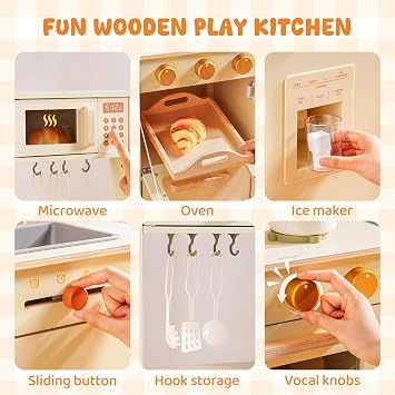 ROBUD Wooden Play Kitchen Set, Pretend Play Kitchen for Kids, Toy Kitchen with Microwave, Sink, Stove and Ice Maker, Toddlers Kitchen Playset Gift for Boys Girls, 3+ (Cream)