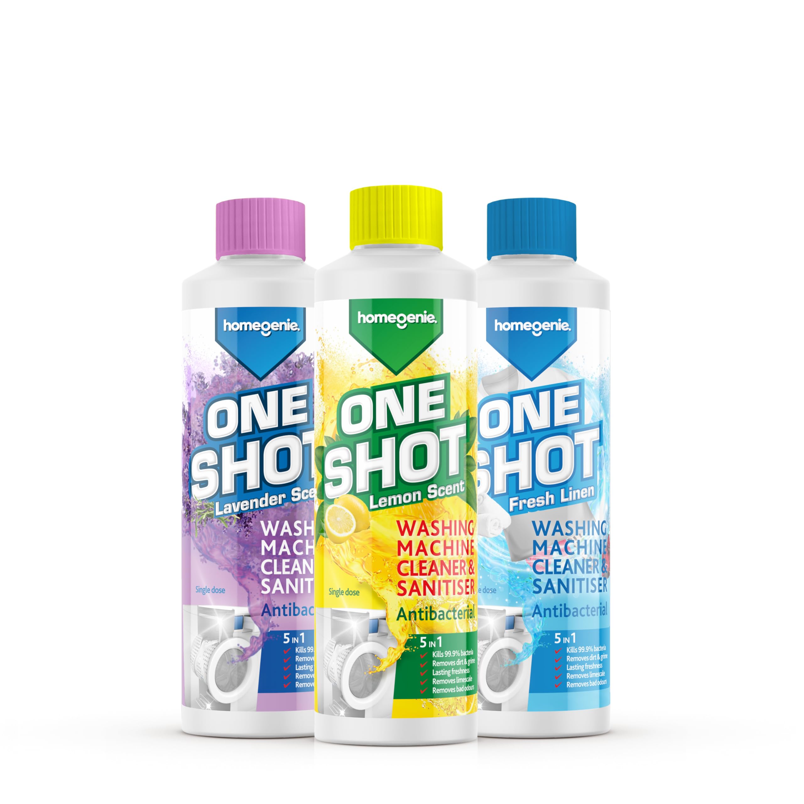 HomeGenie - Washing Machine Cleaner | Anti-bacterial Removes Limescale, Odours and Dirt | Lemon, Lavender & Fresh Linen Scent (3x 250ml)