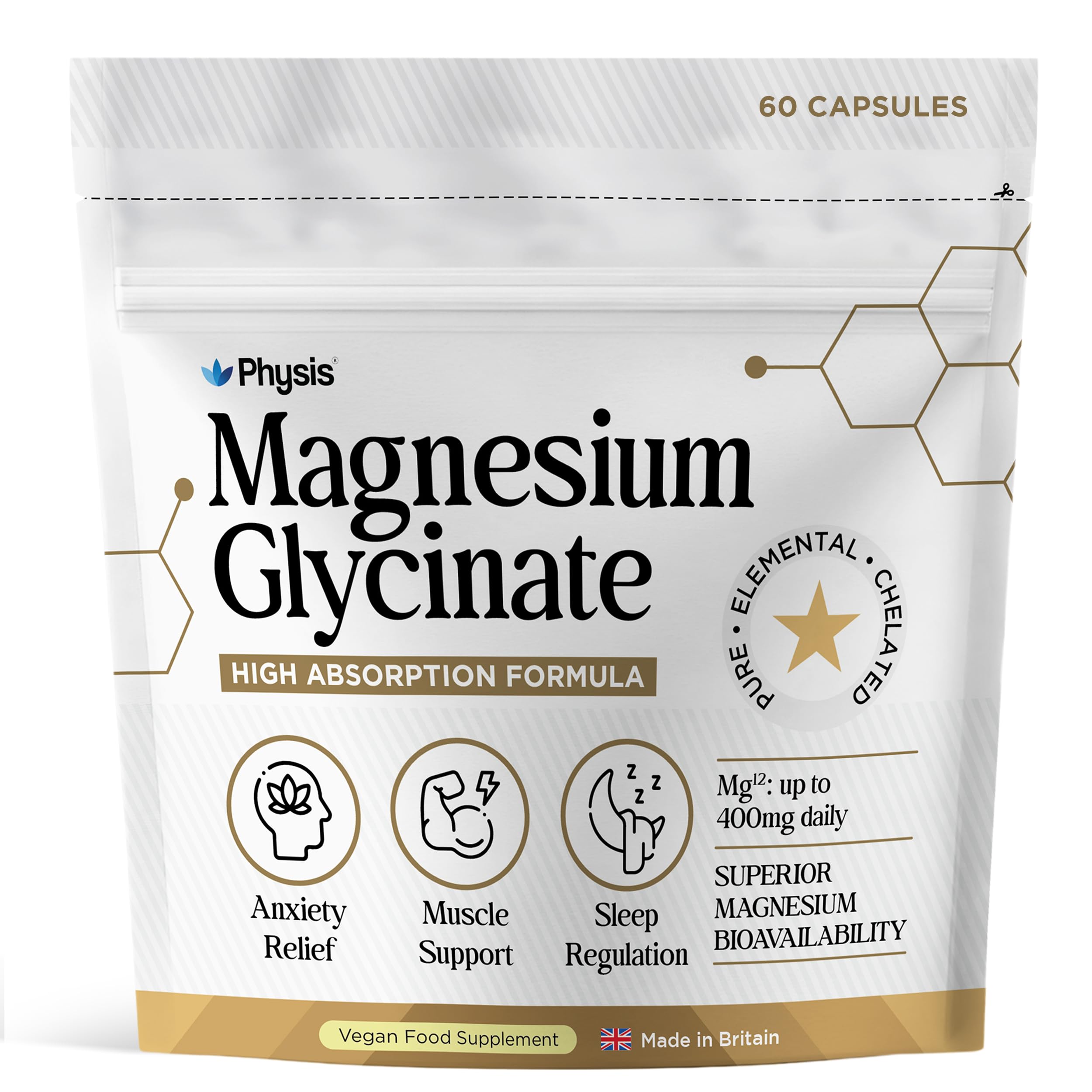 Physis Magnesium Glycinate 400mg Daily | High Absorption Vegan Capsules for Sleep, Mood & Muscle Support | Non-Laxative, Natural Mineral | Relaxation, Stress & Anxiety Relief | 60 x Chelated Capsules